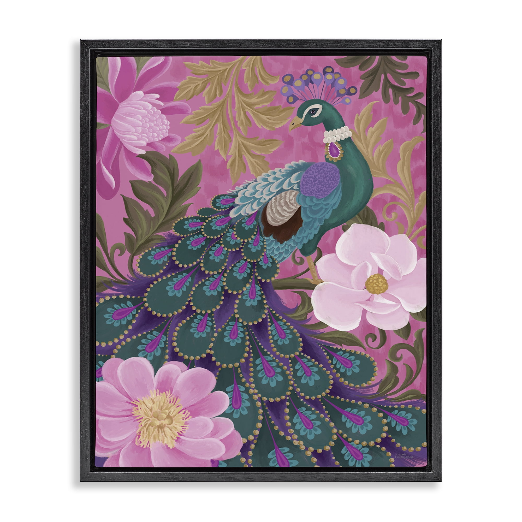 Stupell Industries Peacock & Pink Blossoms Animals & Insects Painting Black Floater Framed Canvas Art Print Wall Art, 25 x 31
