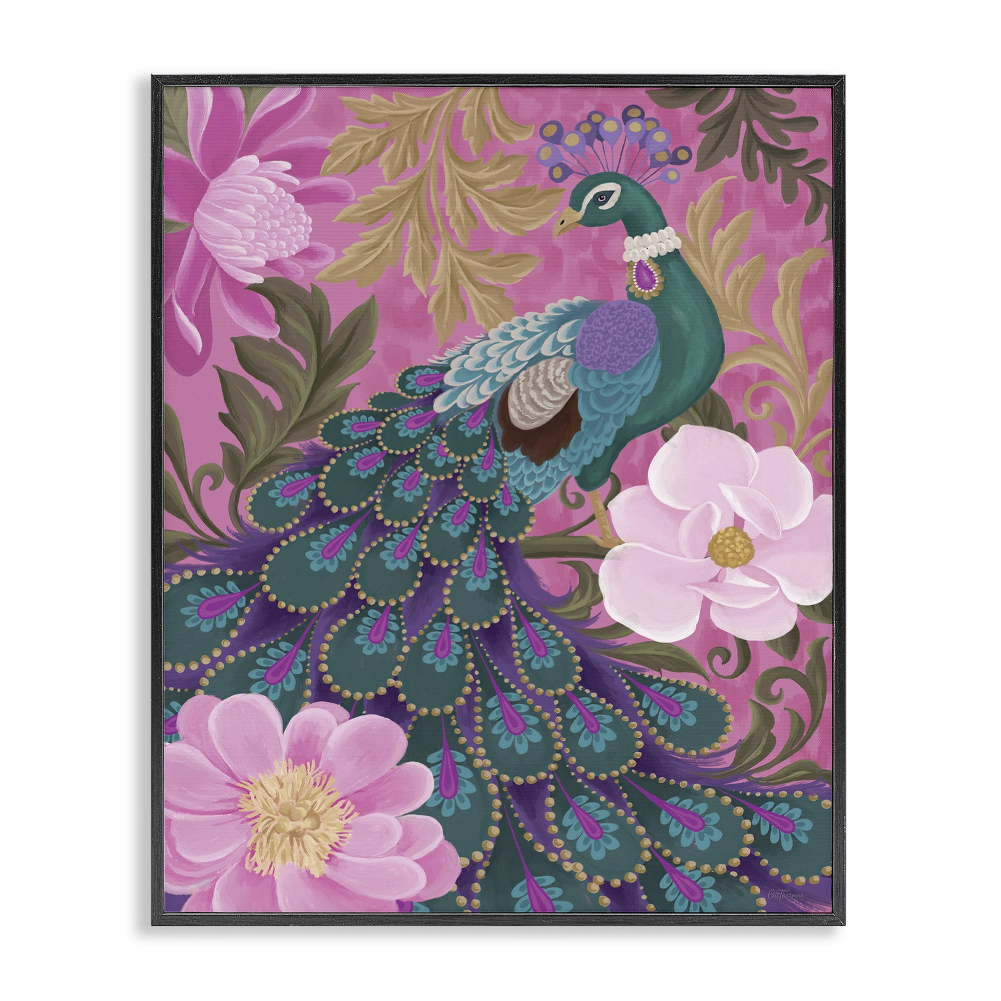 Stupell Industries Peacock & Pink Blossoms Animals & Insects Painting Black Framed Art Print Wall Art, 24 x 30