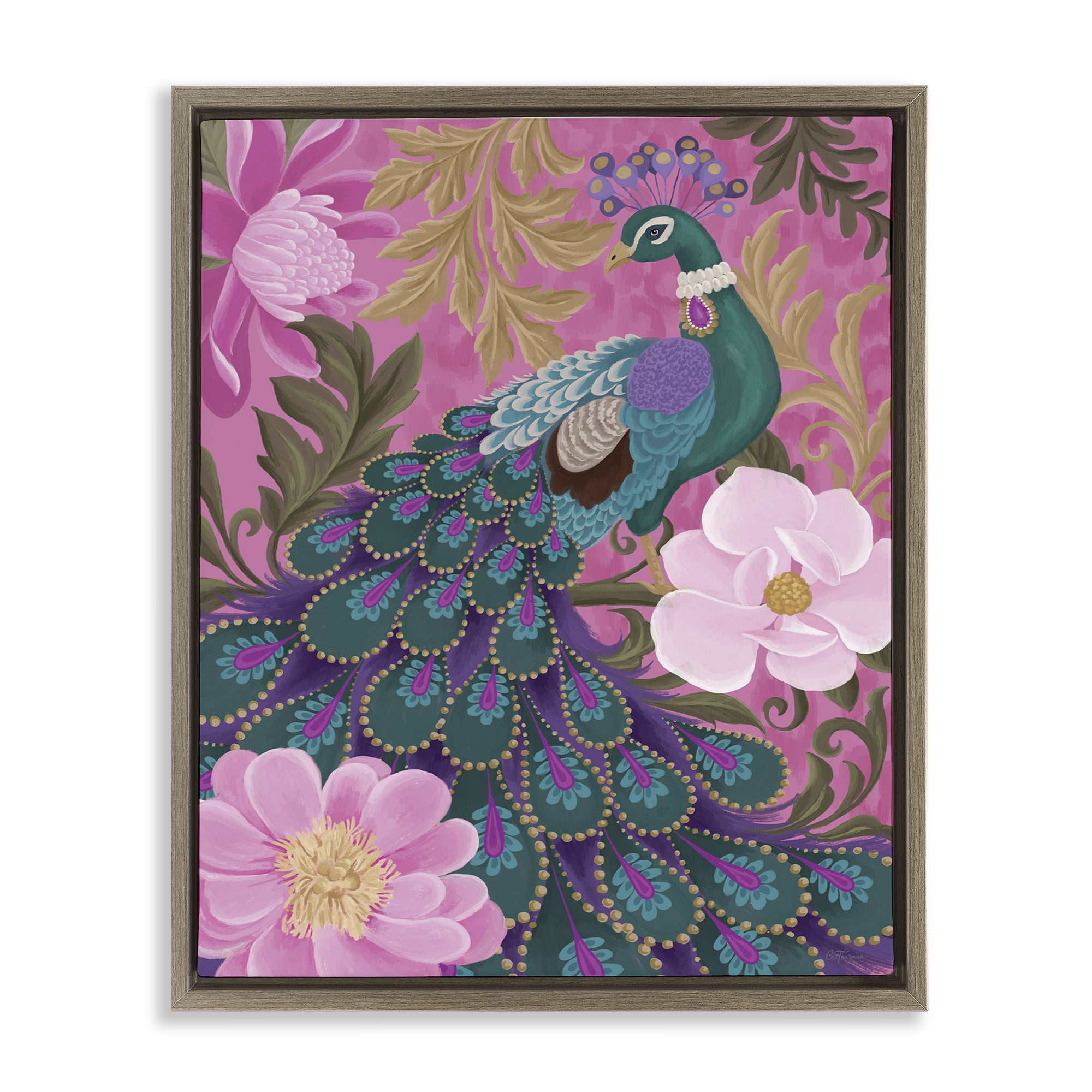 Stupell Industries Peacock & Pink Blossoms Animals & Insects Painting Brown Floater Framed Canvas Art Print Wall Art, 17 x 21
