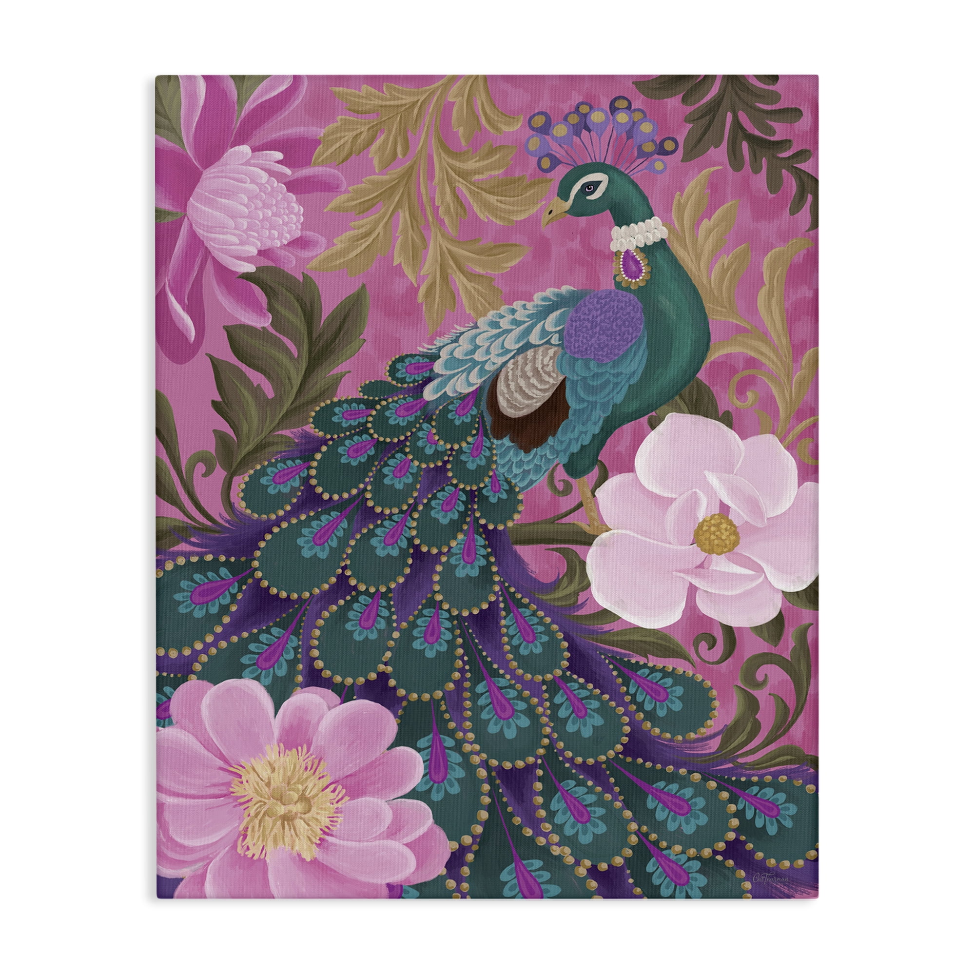 Vibrant Peacock and Pink Blossoms Canvas Wall Art, 24 x 30