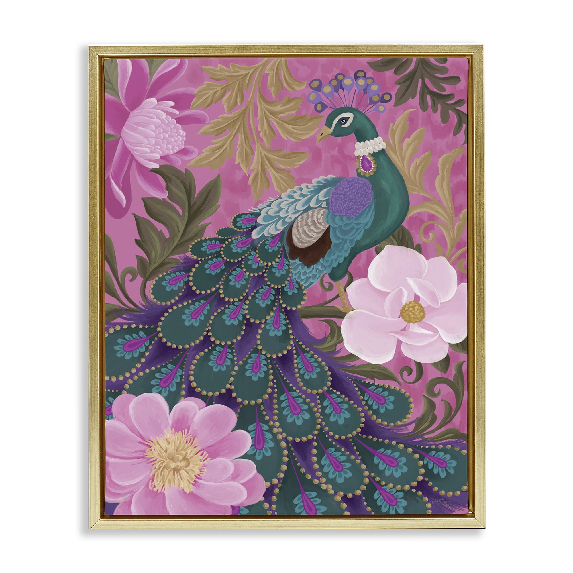 Stupell Industries Peacock & Pink Blossoms Animals & Insects Painting Gold Floater Framed Canvas Art Print Wall Art, 17 x 21