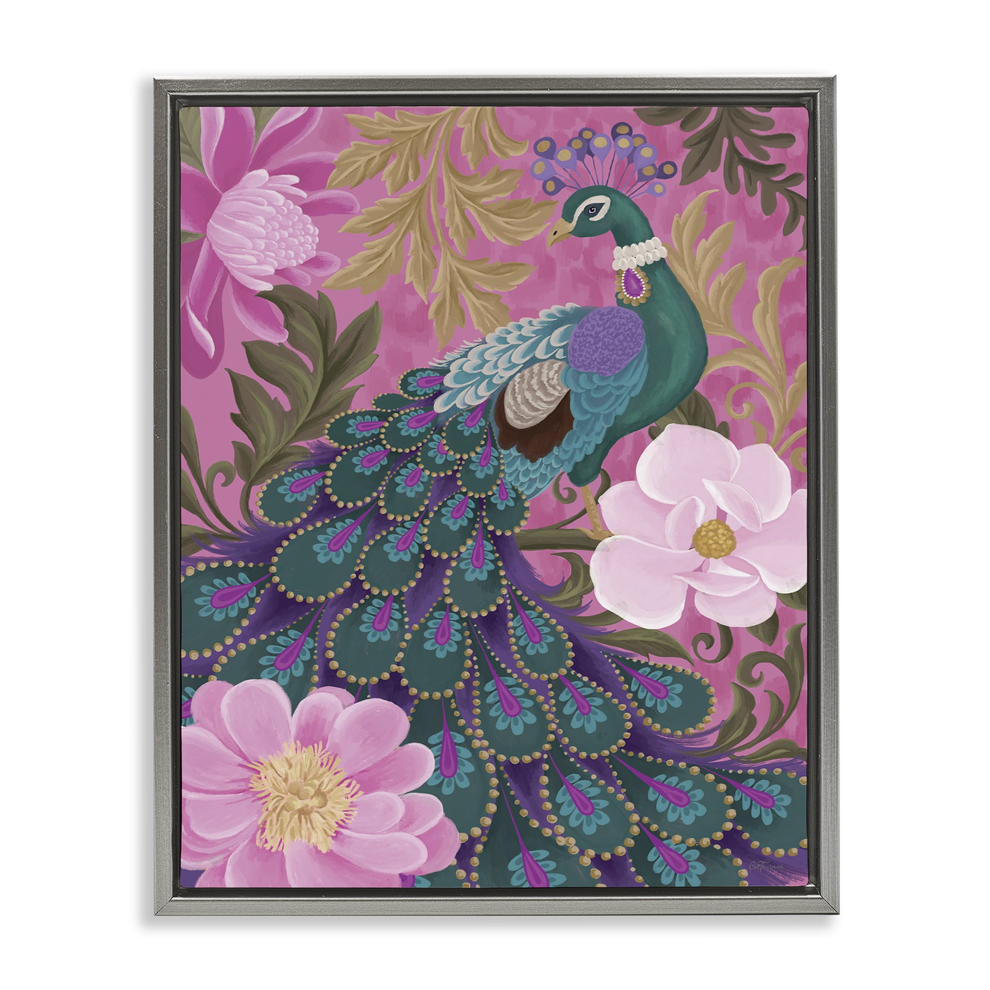 Stupell Industries Peacock & Pink Blossoms Animals & Insects Painting Gray Floater Framed Canvas Art Print Wall Art, 25 x 31