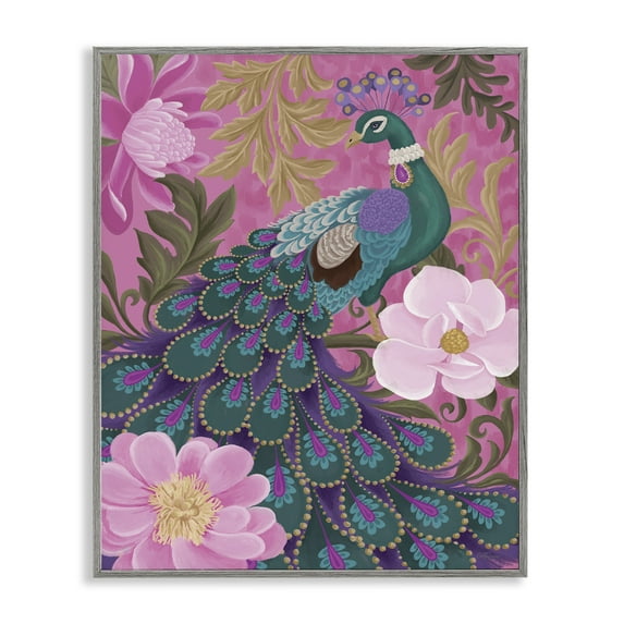 Stupell Industries Peacock & Pink Blossoms Animals & Insects Painting Gray Framed Art Print Wall Art, 16 x 20