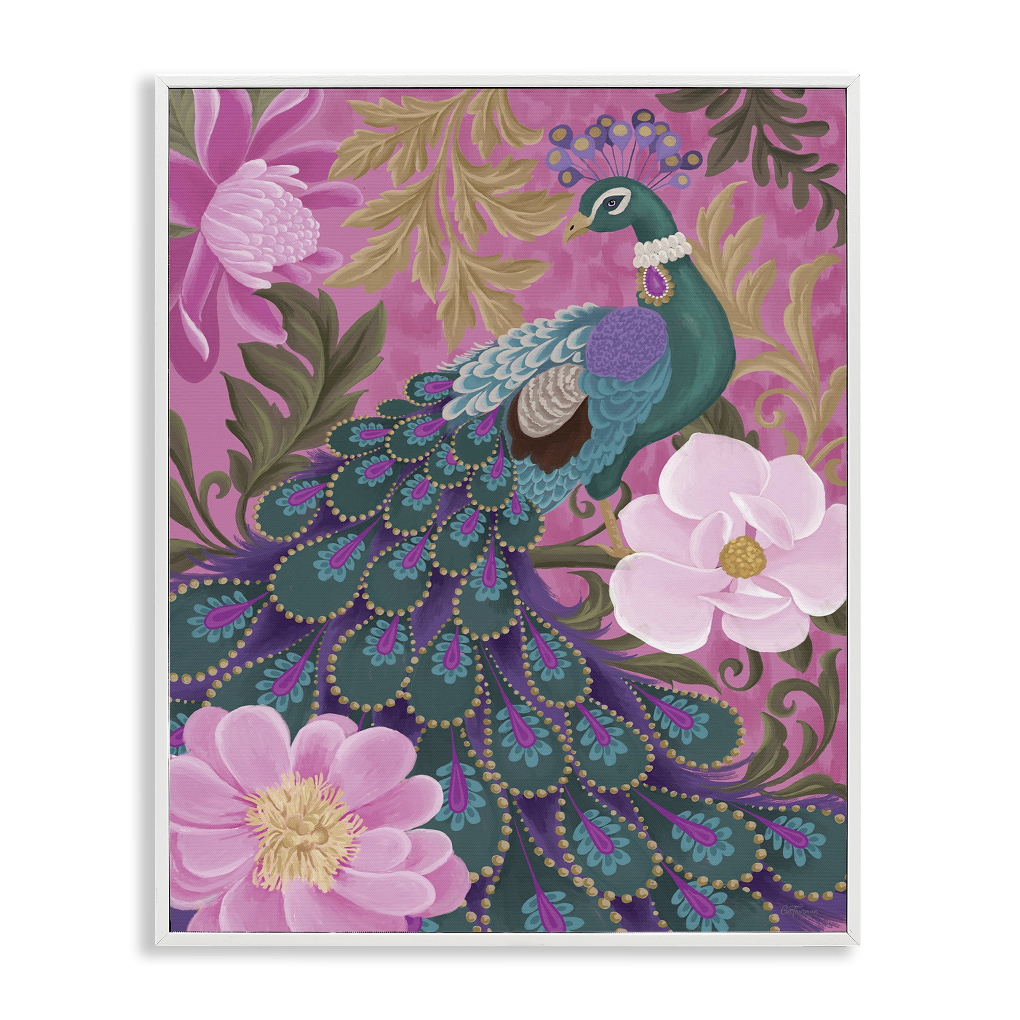 Stupell Industries Peacock & Pink Blossoms Animals & Insects Painting White Framed Art Print Wall Art, 11 x 14