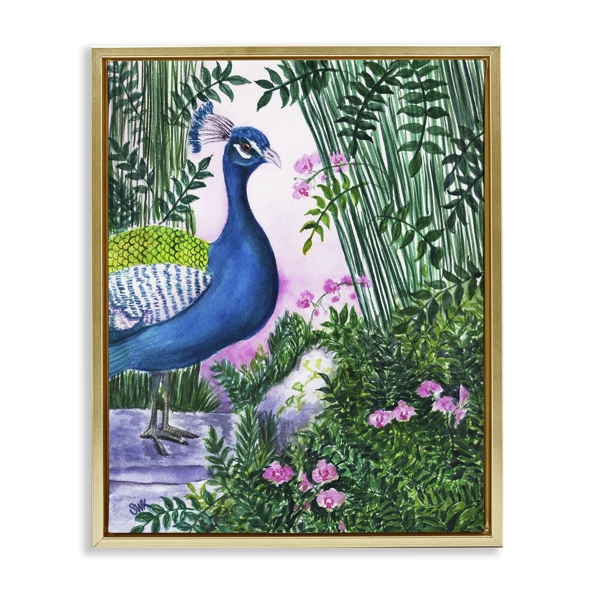 Stupell Industries Peacock in Pink Landscape & Nature Painting Gold Floater Framed Canvas Art Print Wall Art, 25 x 31