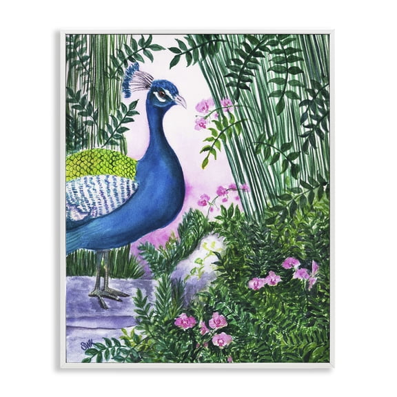 Stupell Industries Peacock in Pink Landscape & Nature Painting White Framed Art Print Wall Art, 11 x 14