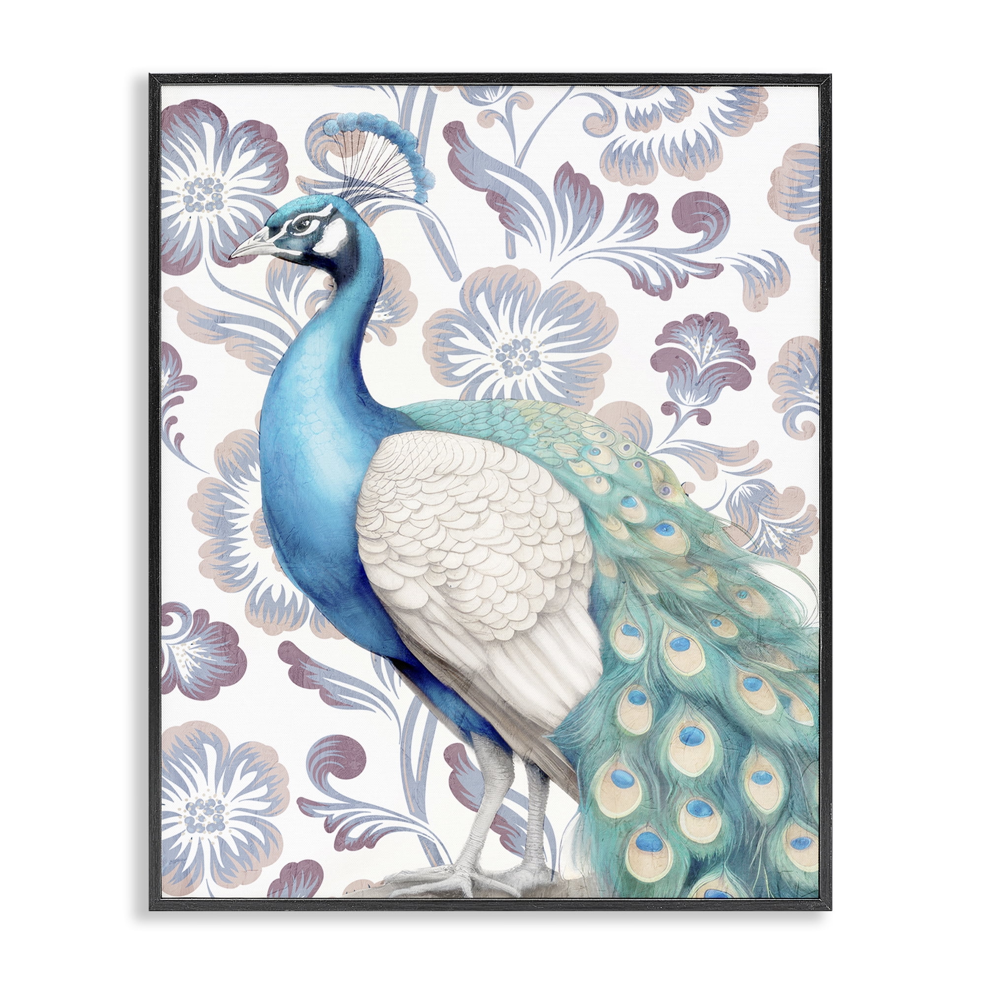 Stupell Industries Peacock on Floral Pattern Animals Painting Black Framed Art Print Wall Art, 11 x 14