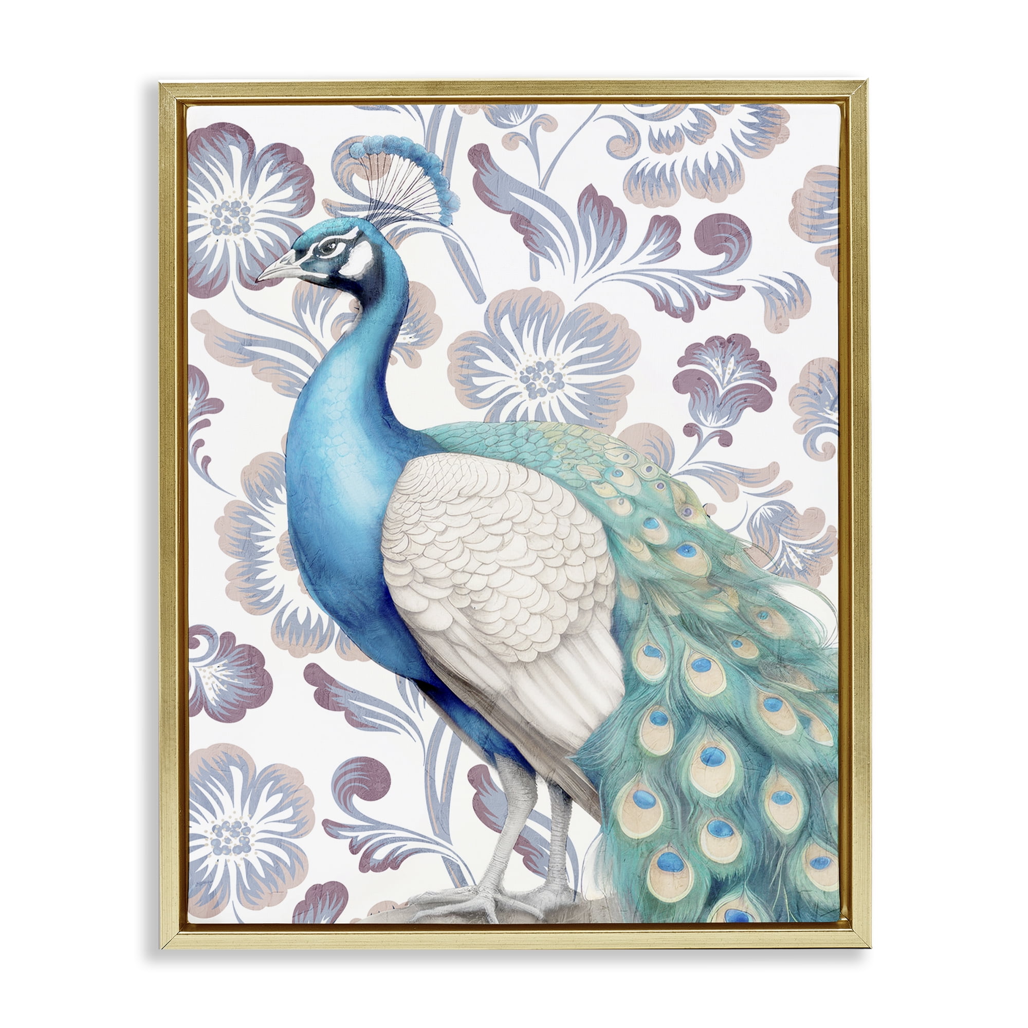 Stupell Industries Peacock on Floral Pattern Animals Painting Gold Floater Framed Canvas Art Print Wall Art, 17 x 21
