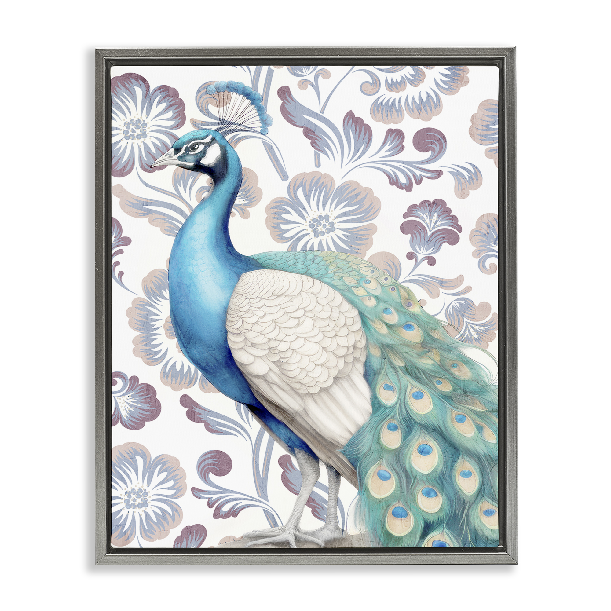 Stupell Industries Peacock on Floral Pattern Animals Painting Gray Floater Framed Canvas Art Print Wall Art, 25 x 31