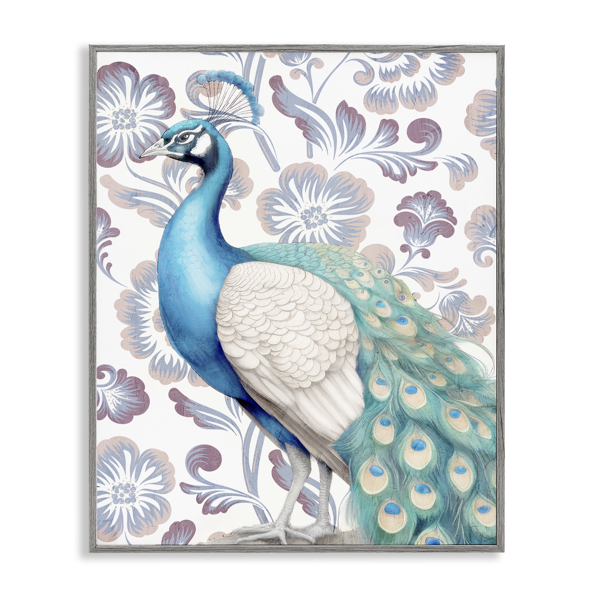 Stupell Industries Peacock on Floral Pattern Animals Painting Gray Framed Art Print Wall Art, 24 x 30
