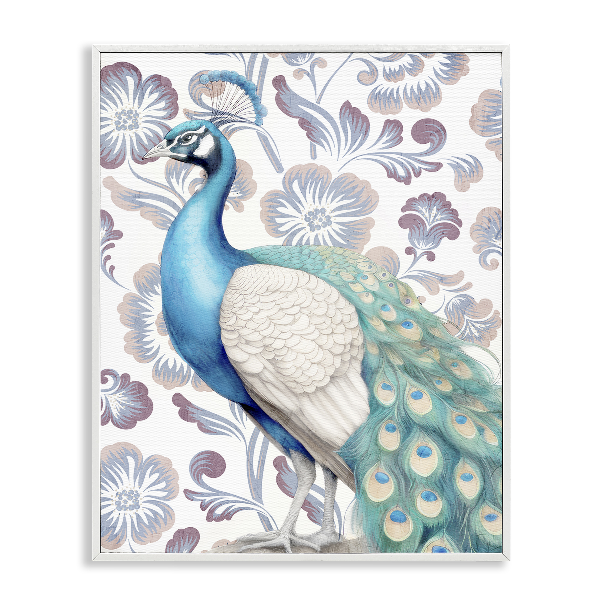 Stupell Industries Peacock on Floral Pattern Animals Painting White Framed Art Print Wall Art, 24 x 30
