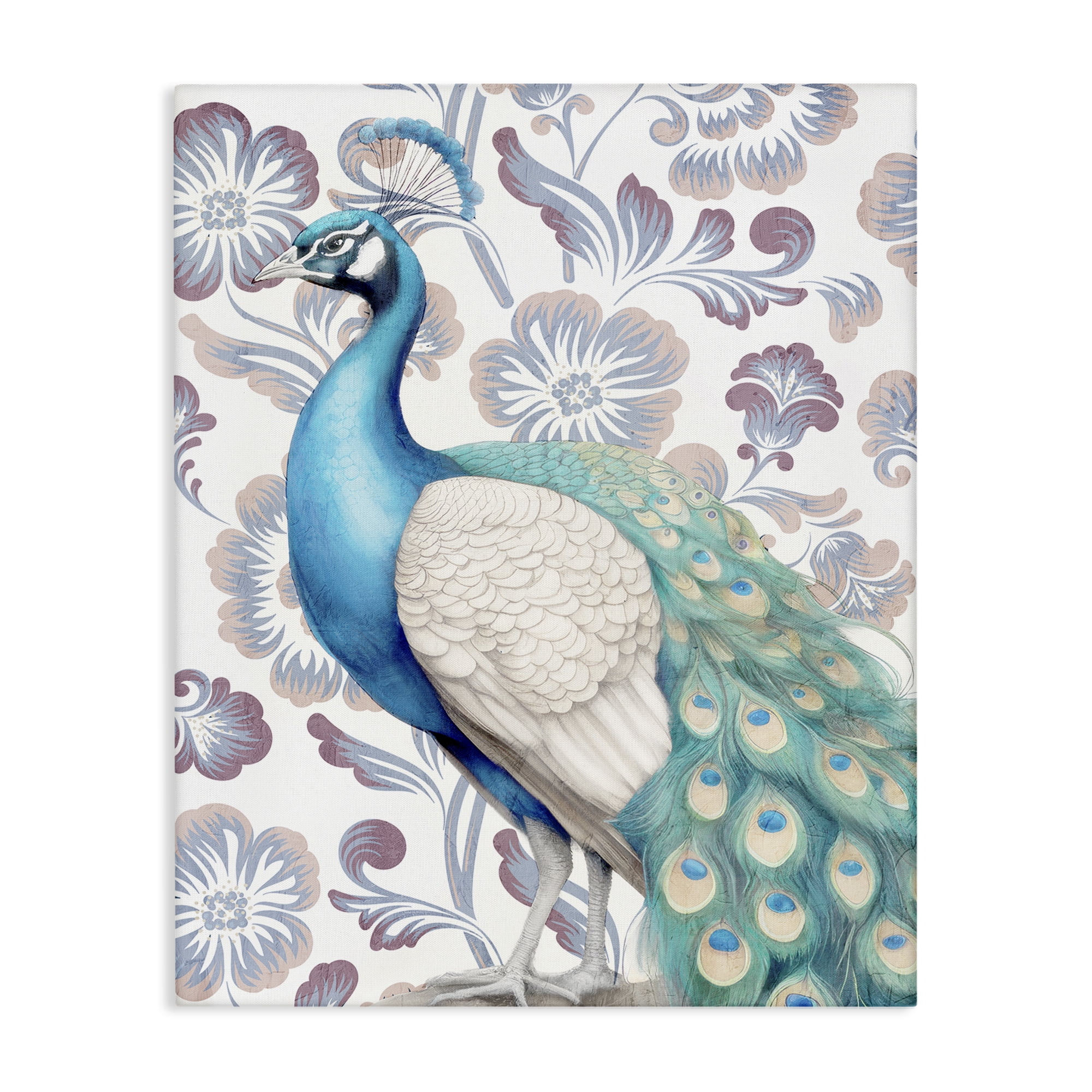 Stupell Industries Peacock on Floral Pattern Animals Painting Wrapped Canvas Art Print Wall Art, 36 x 48