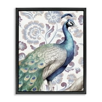 Stupell Industries Peacock on Vintage Florals Animals Painting Black Floater Framed Canvas Art Print Wall Art, 17 x 21