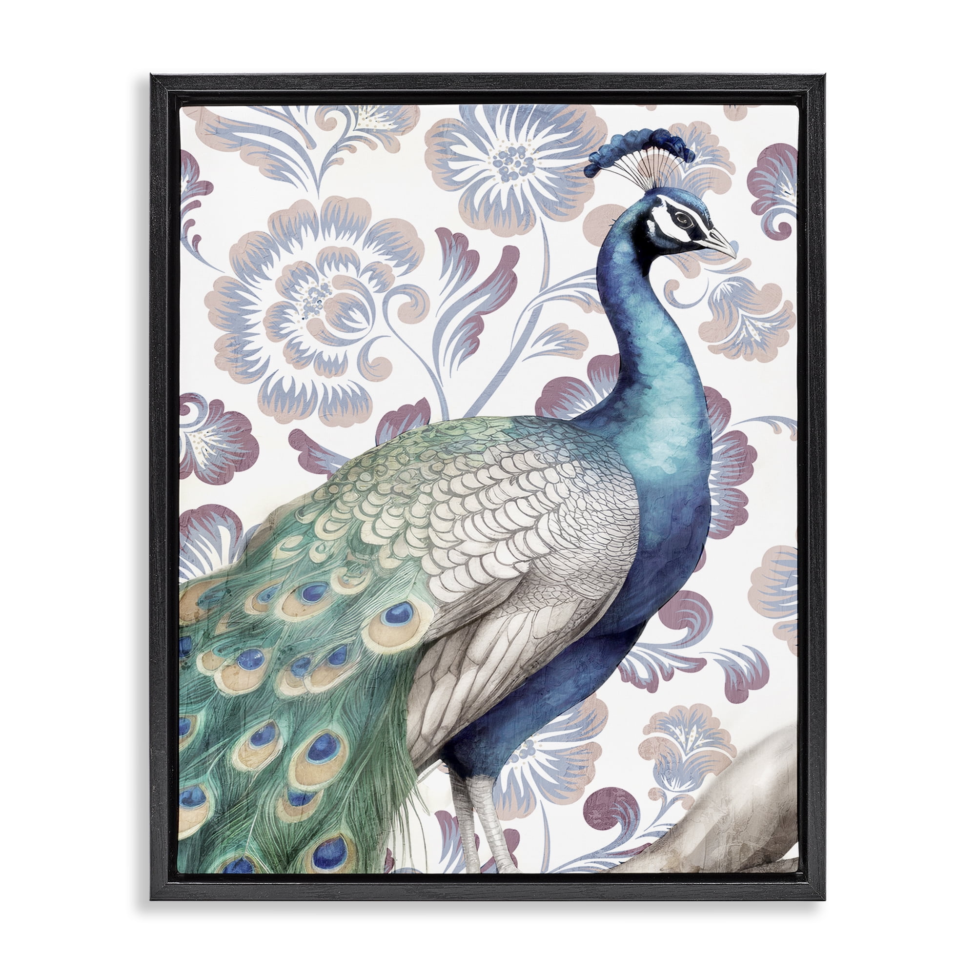 Stupell Industries Peacock on Vintage Florals Animals Painting Black Floater Framed Canvas Art Print Wall Art, 25 x 31
