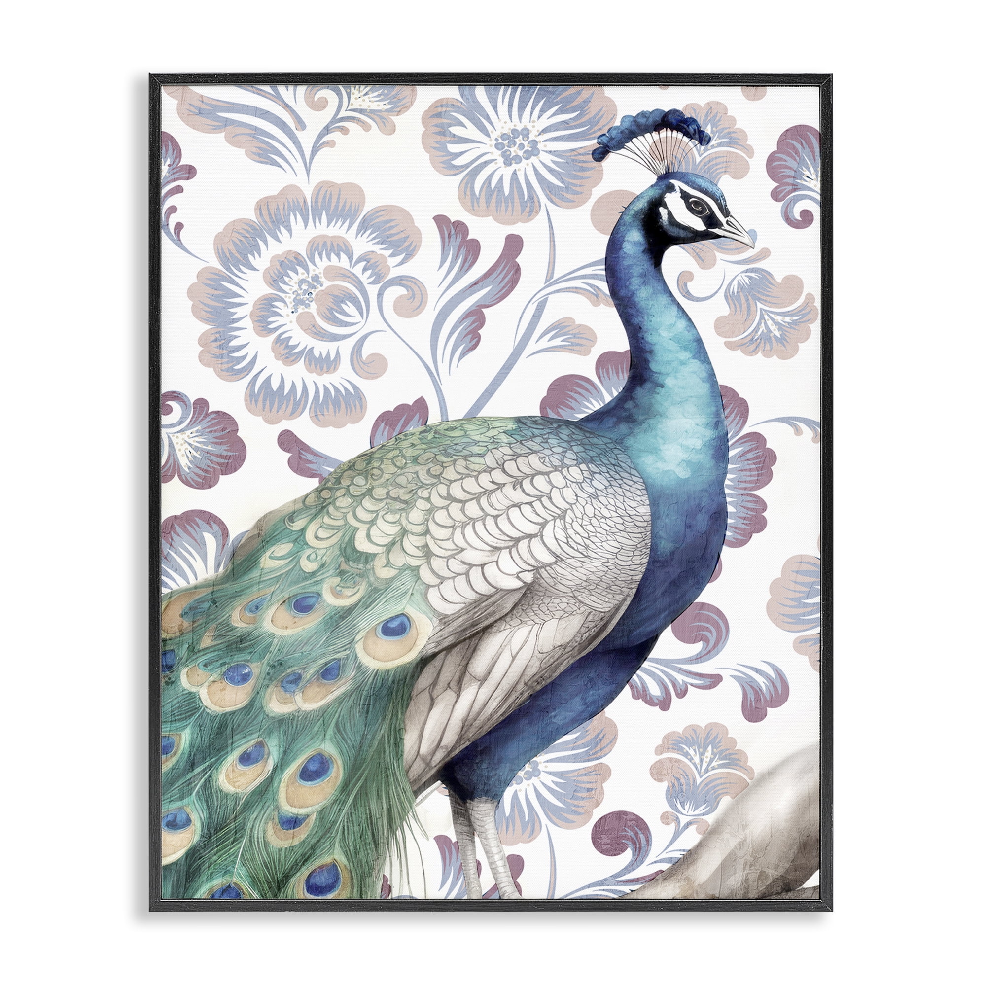 Stupell Industries Peacock on Vintage Florals Animals Painting Black Framed Art Print Wall Art, 16 x 20