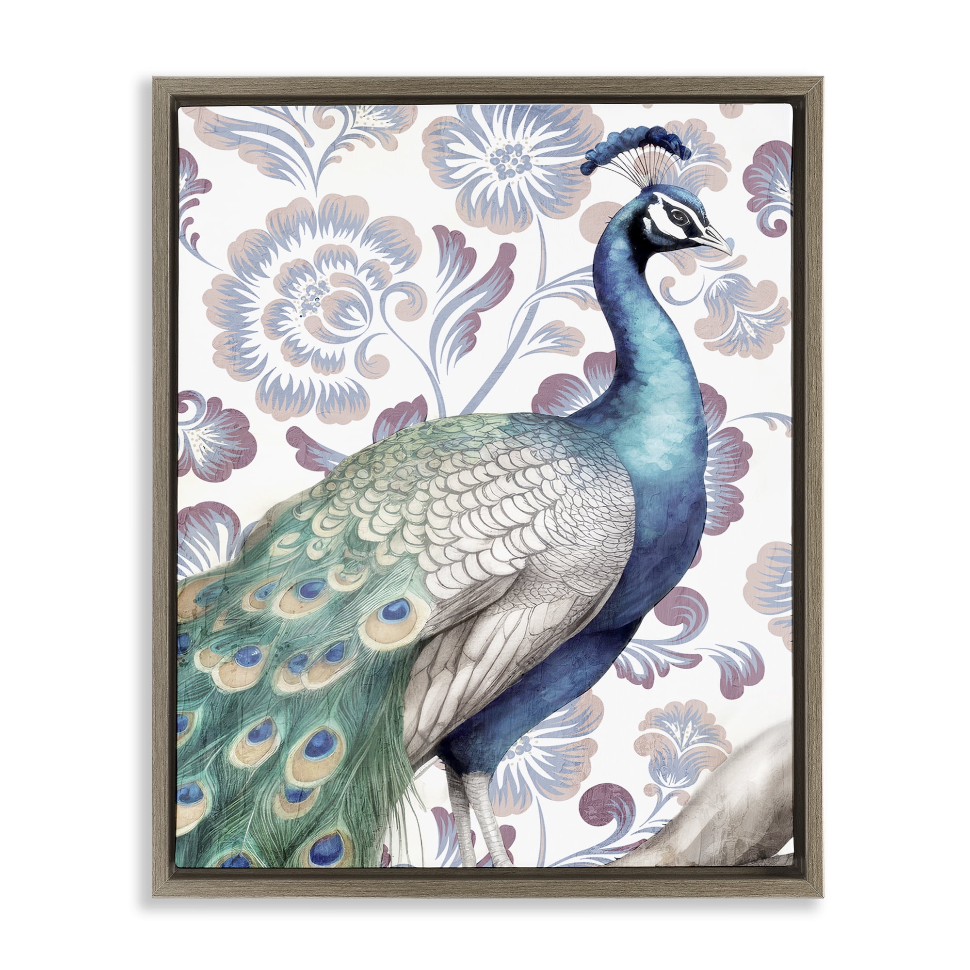 Stupell Industries Peacock on Vintage Florals Animals Painting Brown Floater Framed Canvas Art Print Wall Art, 25 x 31