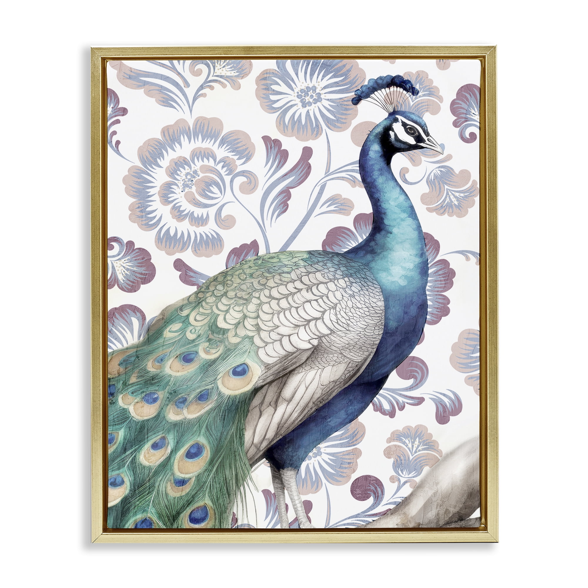 Stupell Industries Peacock on Vintage Florals Animals Painting Gold Floater Framed Canvas Art Print Wall Art, 17 x 21