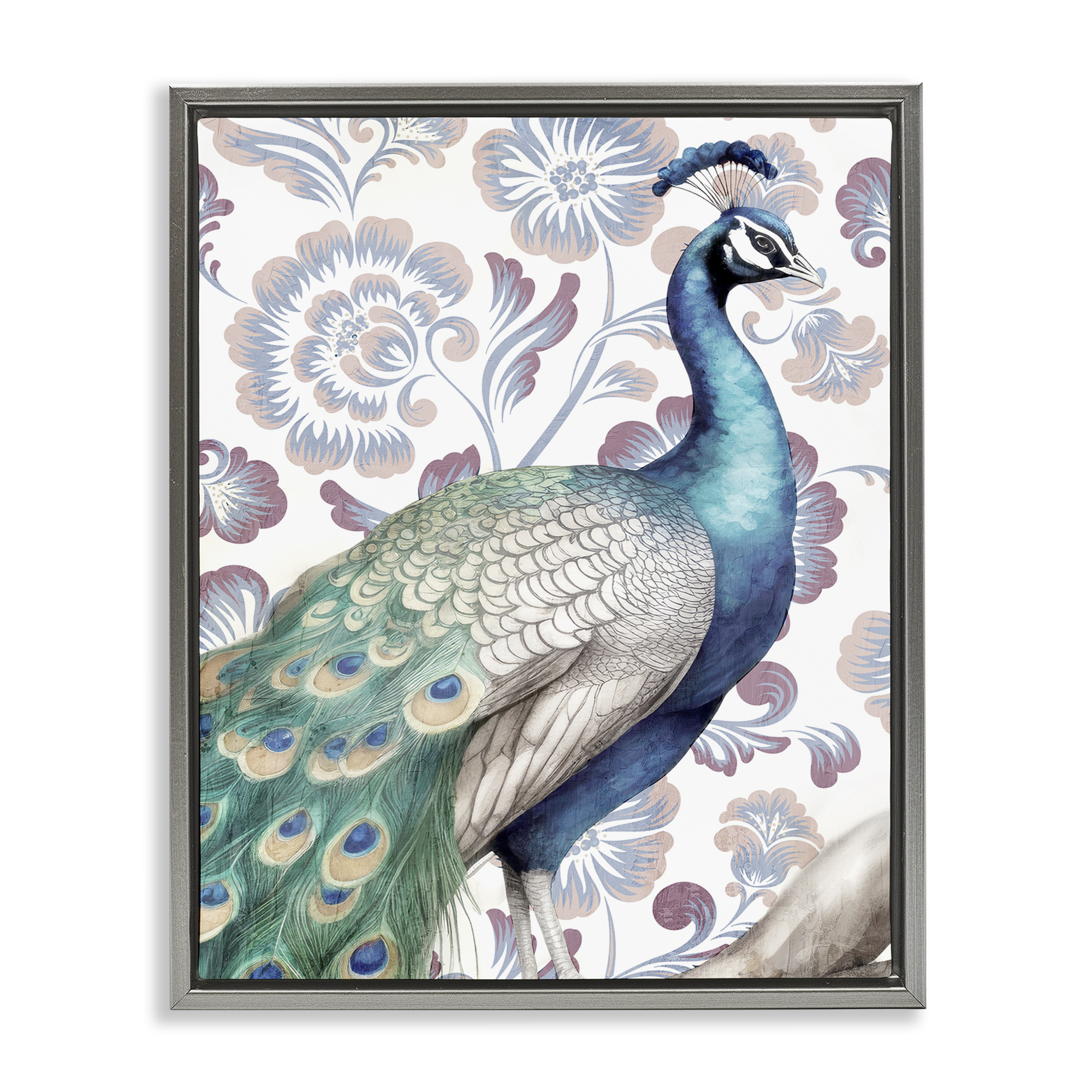 Stupell Industries Peacock on Vintage Florals Animals Painting Gray Floater Framed Canvas Art Print Wall Art, 17 x 21