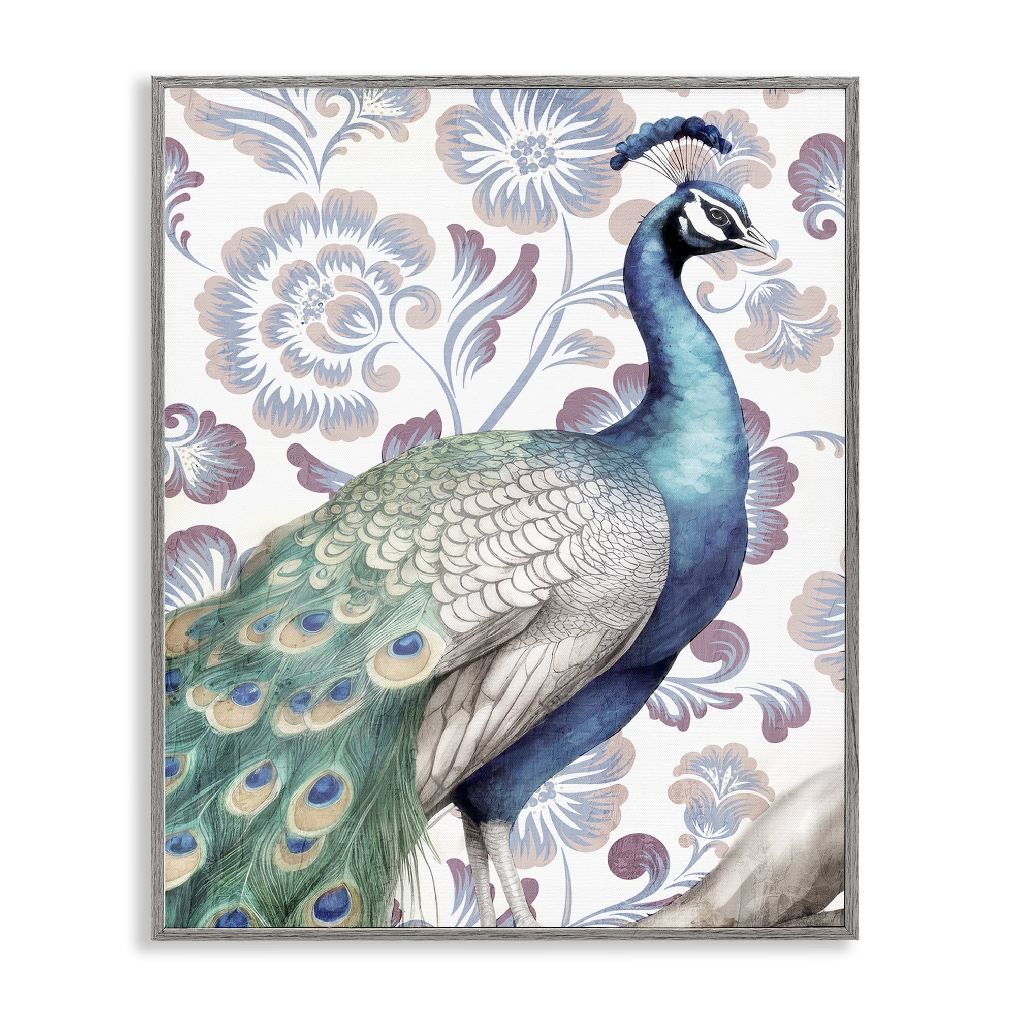Stupell Industries Peacock on Vintage Florals Animals Painting Gray Framed Art Print Wall Art, 16 x 20