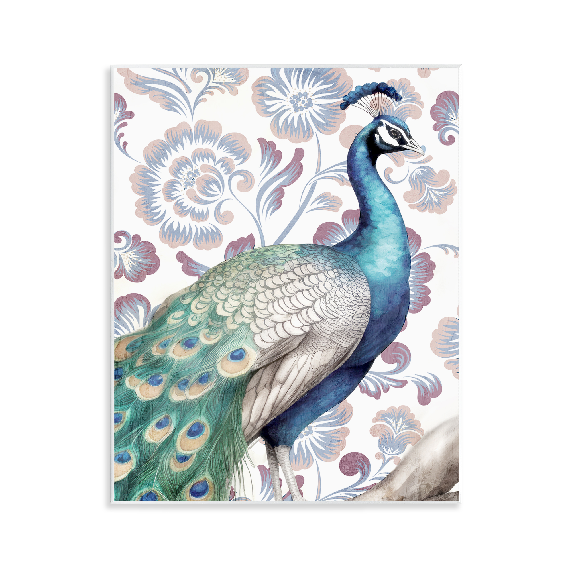 Stupell Industries Peacock on Vintage Florals Animals Painting Unframed Art Print Wall Art, 11 x 14