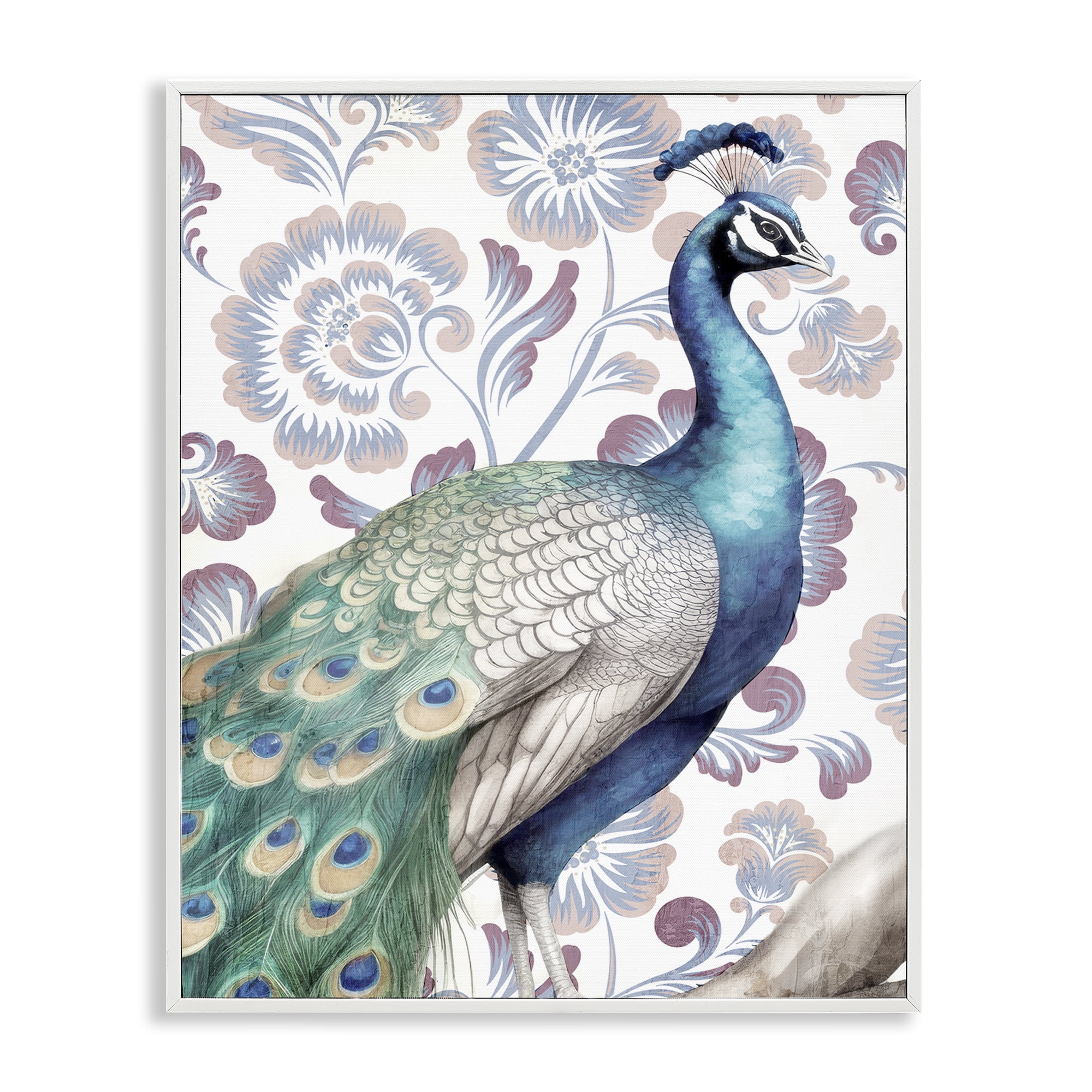 Stupell Industries Peacock on Vintage Florals Animals Painting White Framed Art Print Wall Art, 24 x 30