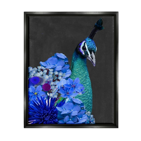 Stupell Industries Peacock with Blue Flowers Animals & Insects Painting Black Floater Framed Canvas Art Print Wall Art, 17 x 21