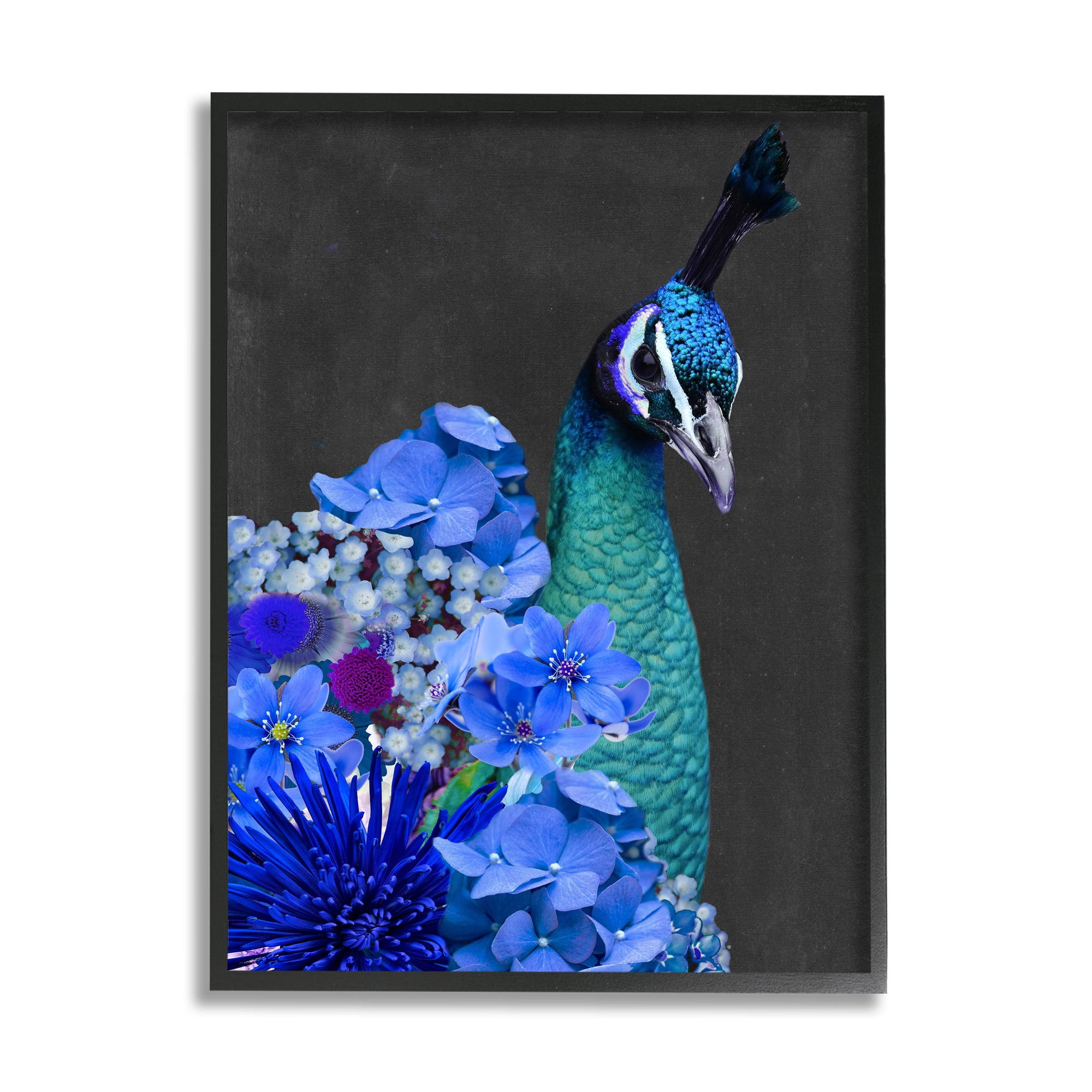 Stupell Industries Peacock with Blue Flowers Animals & Insects Painting Black Framed Art Print Wall Art, 24 x 30