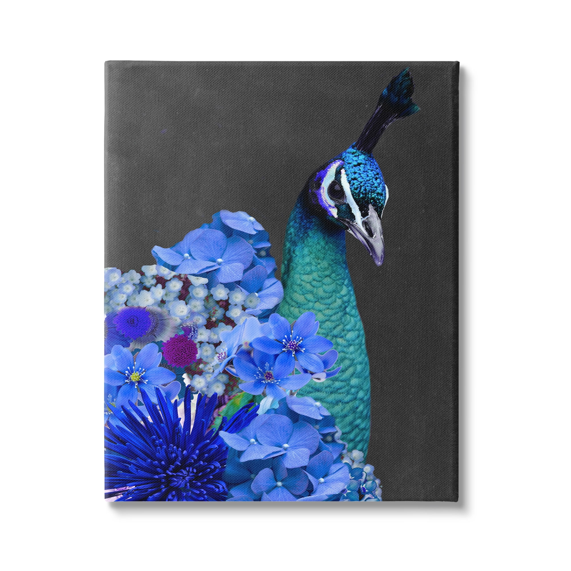 Stupell Industries Peacock with Blue Flowers Animals & Insects Painting Gallery Wrapped Canvas Art Print Wall Art, 24 x 30