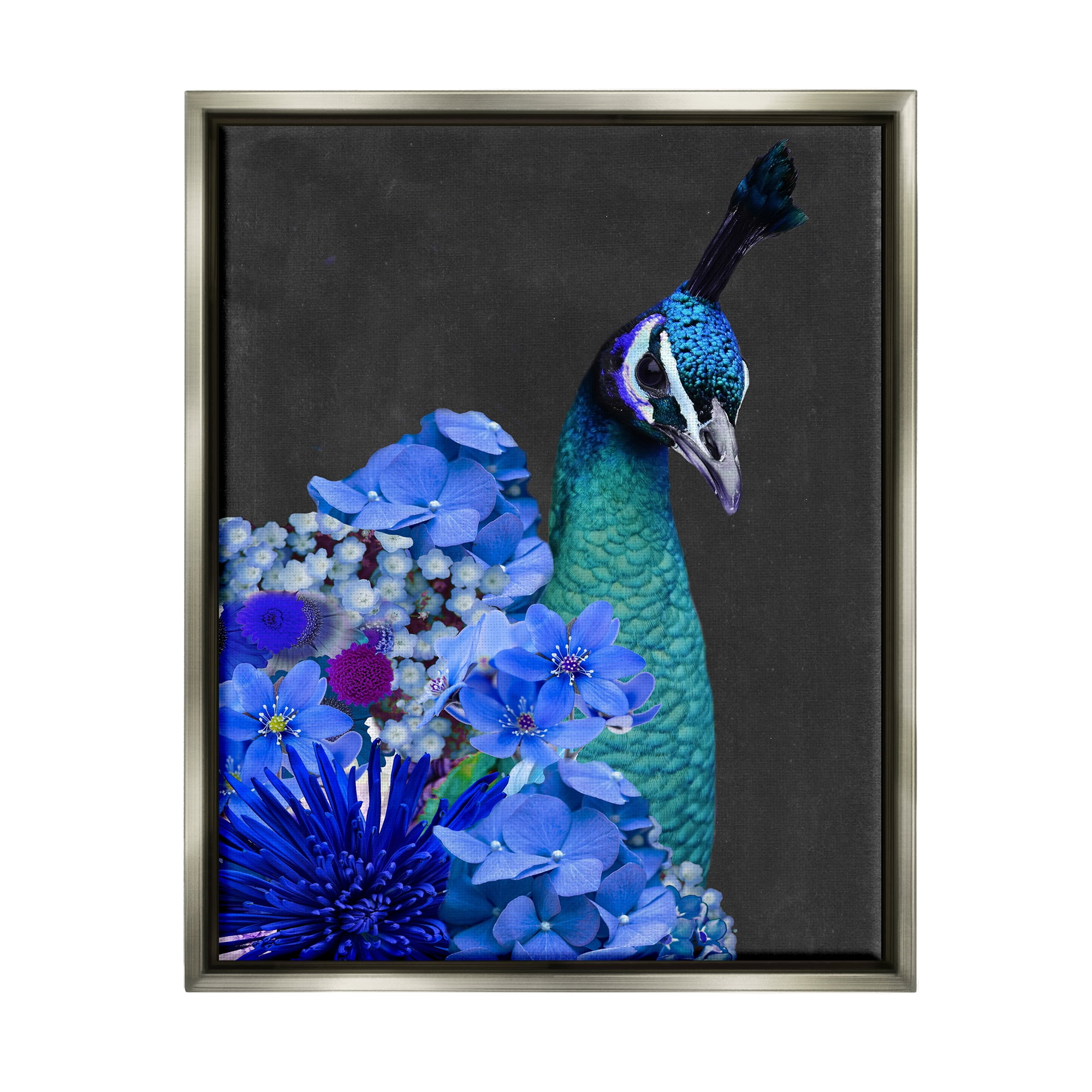 Stupell Industries Peacock with Blue Flowers Animals & Insects Painting Gray Floater Framed Canvas Art Print Wall Art, 25 x 31