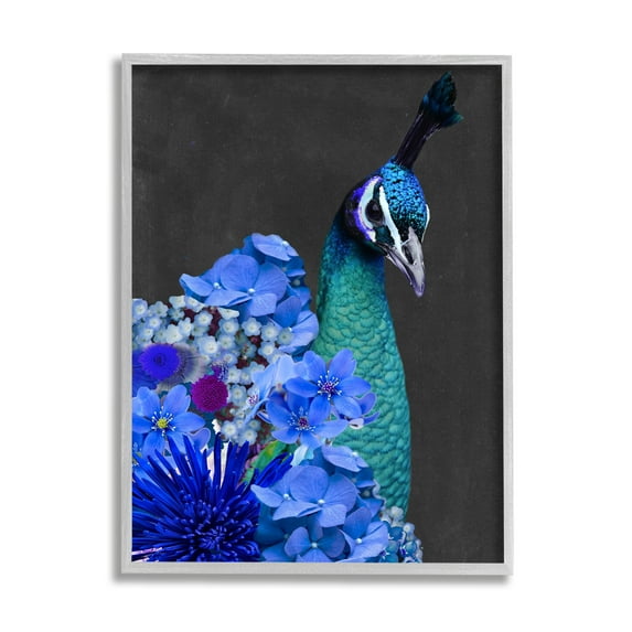 Stupell Industries Peacock with Blue Flowers Animals & Insects Painting Gray Framed Art Print Wall Art, 16 x 20
