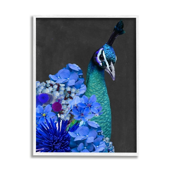 Stupell Industries Peacock with Blue Flowers Animals & Insects Painting White Framed Art Print Wall Art, 24 x 30