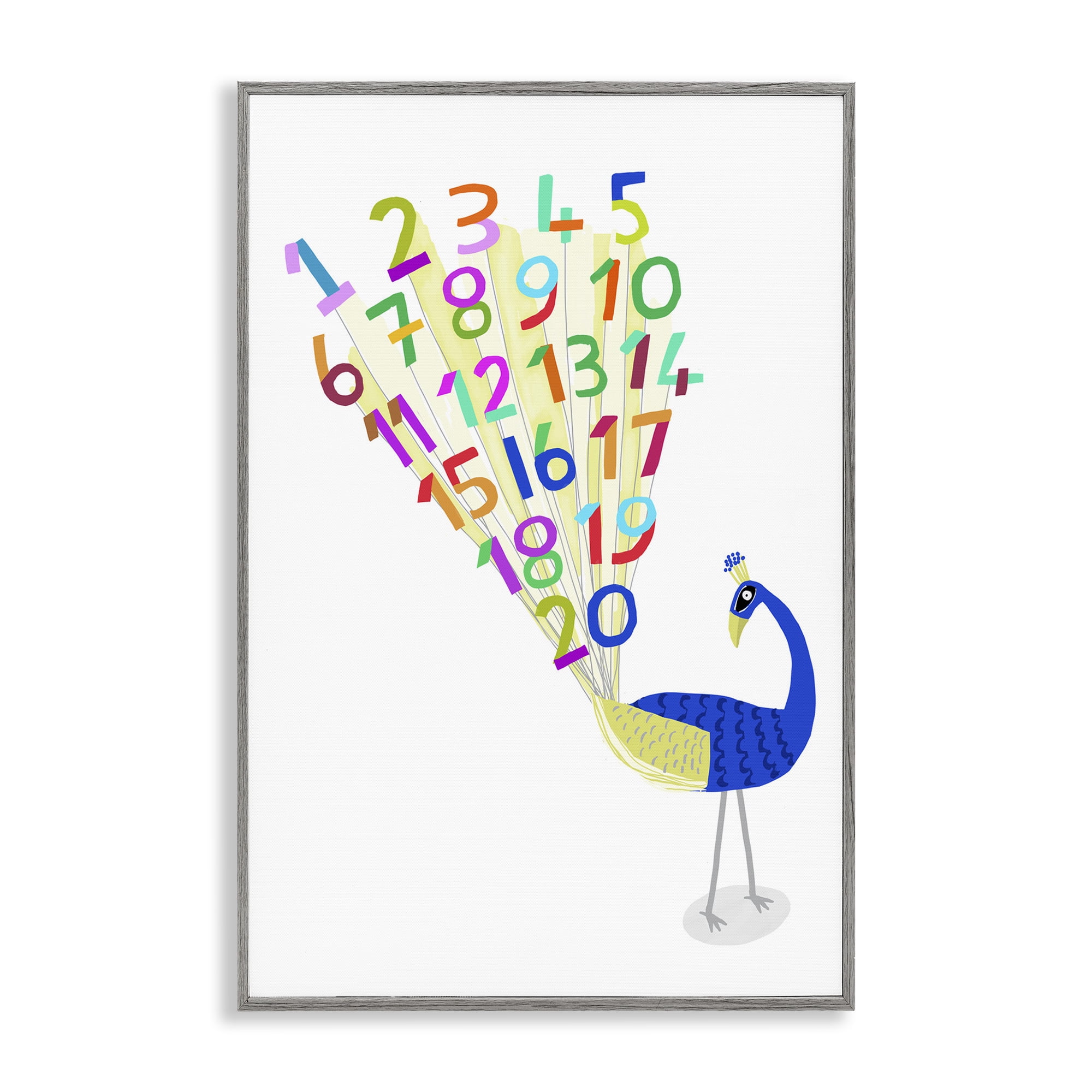 Stupell Industries Peacock with Numbers Animals & Insects Painting Gray Framed Art Print Wall Art, 12 x 18