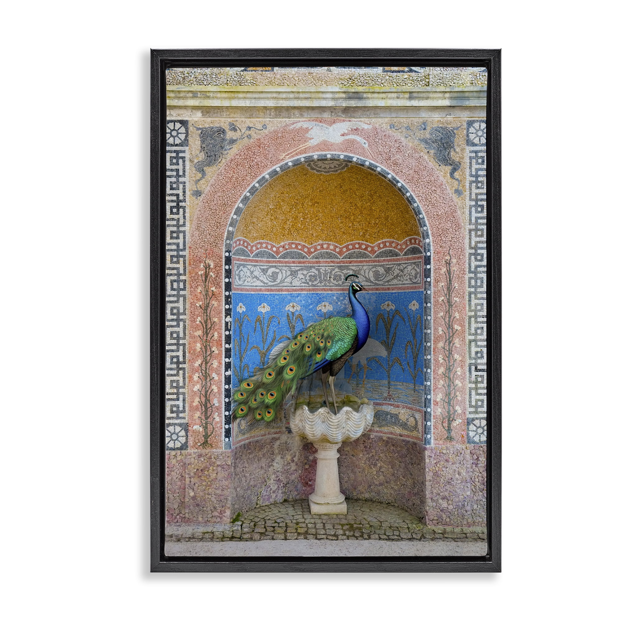 Stupell Industries Peacock with Traditional Architecture Novelty Painting Black Floater Framed Canvas Art Print Wall Art, 21 x 31