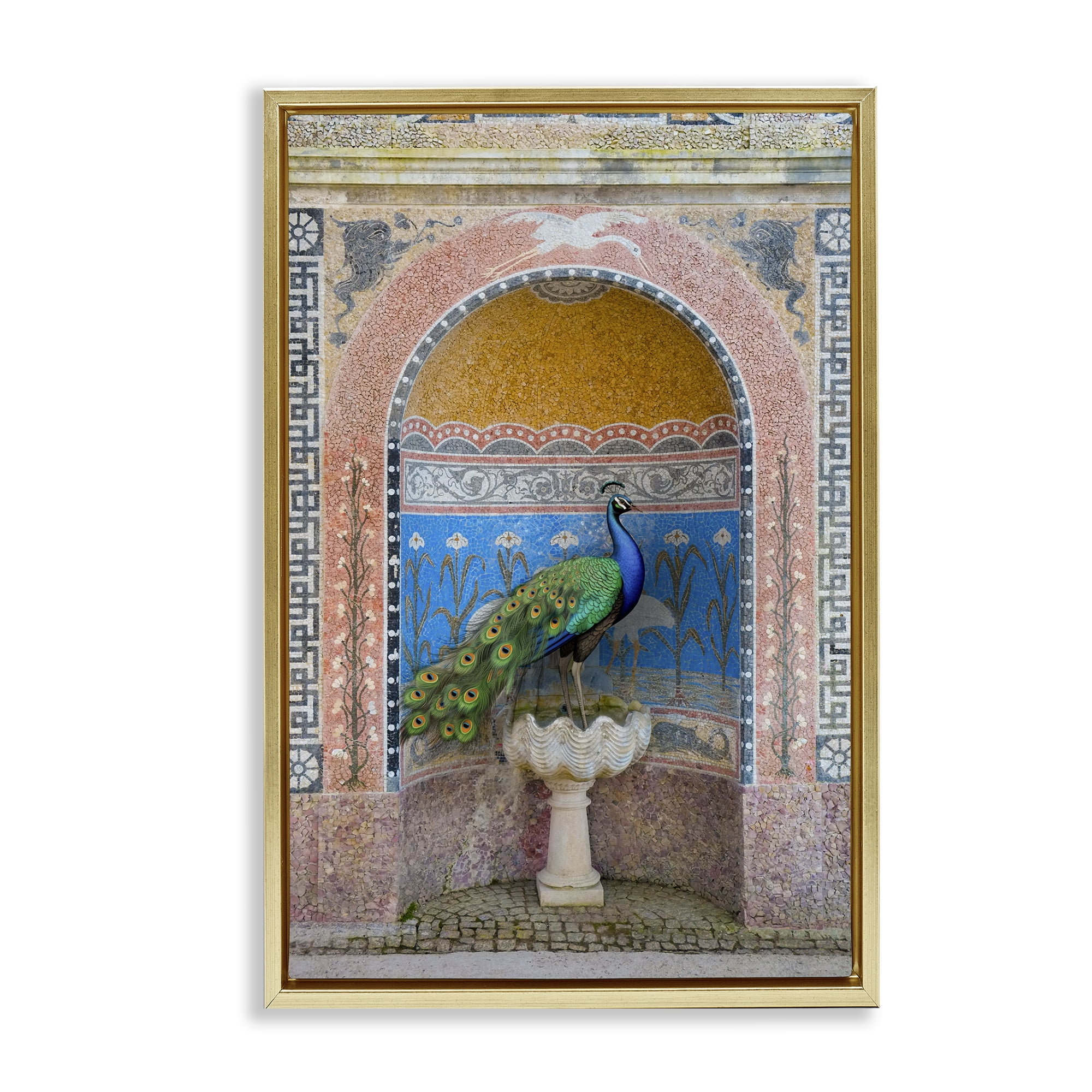 Stupell Industries Peacock with Traditional Architecture Novelty Painting Gold Floater Framed Canvas Art Print Wall Art, 17 x 25