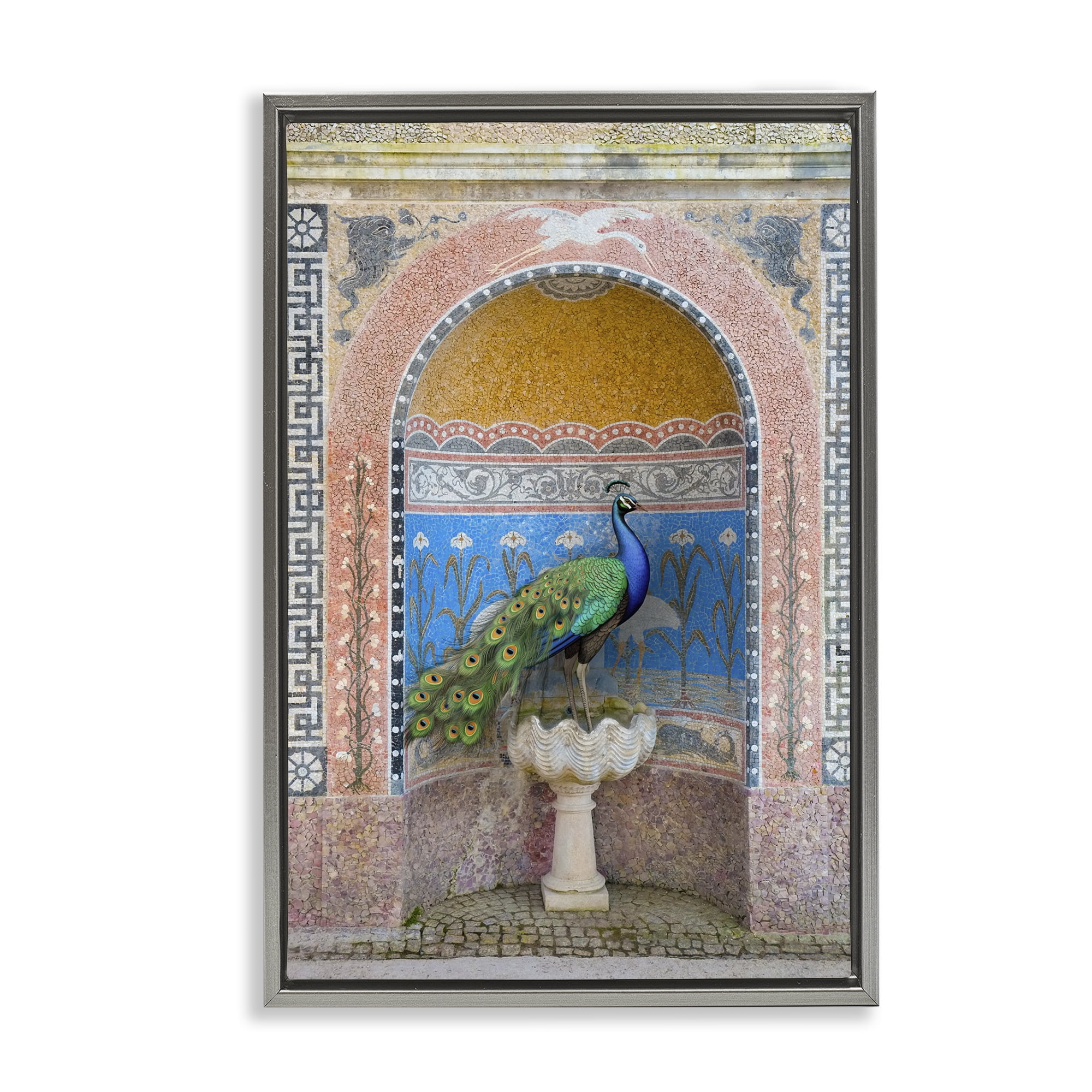 Stupell Industries Peacock with Traditional Architecture Novelty Painting Gray Floater Framed Canvas Art Print Wall Art, 21 x 31