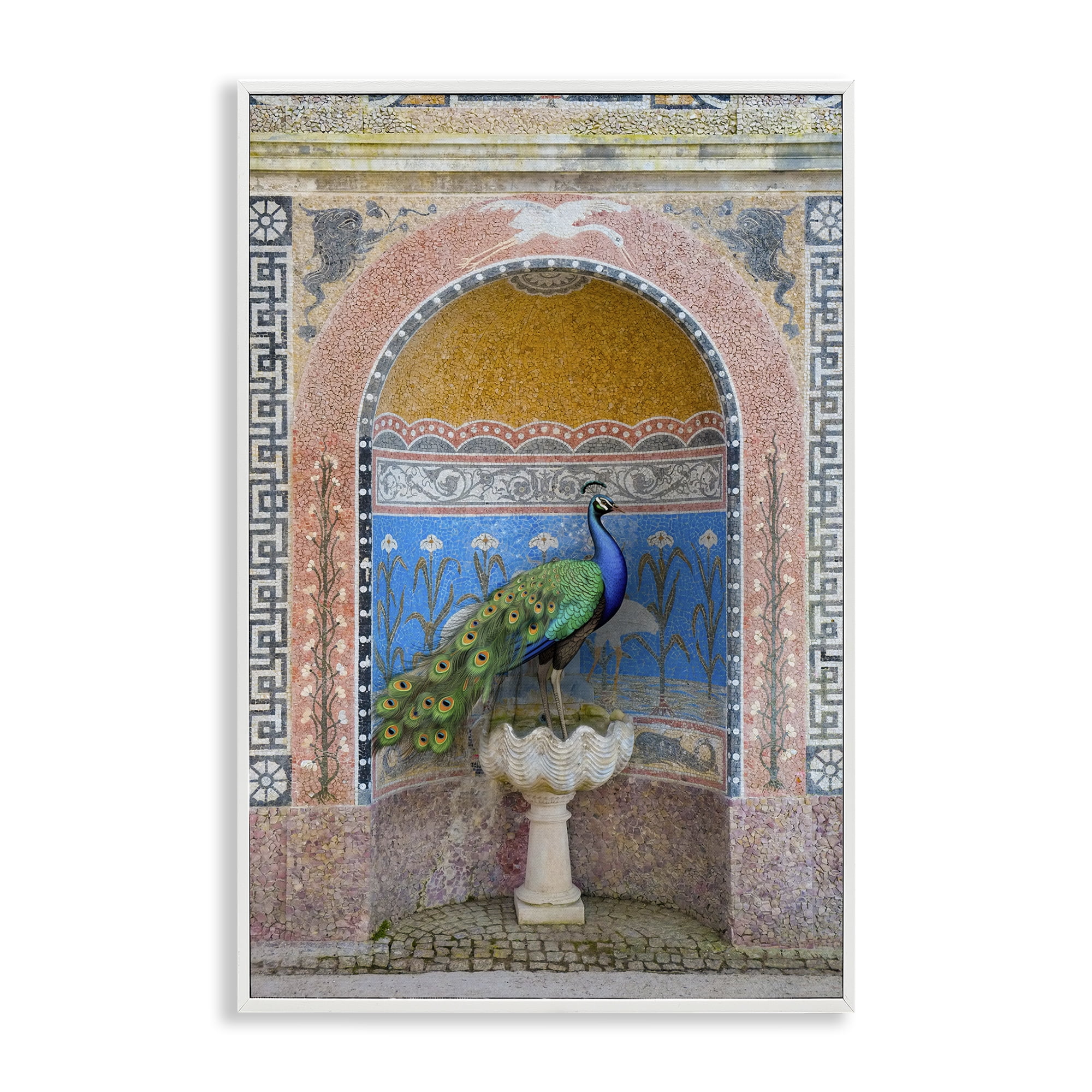Stupell Industries Peacock with Traditional Architecture Novelty Painting White Framed Art Print Wall Art, 16 x 24