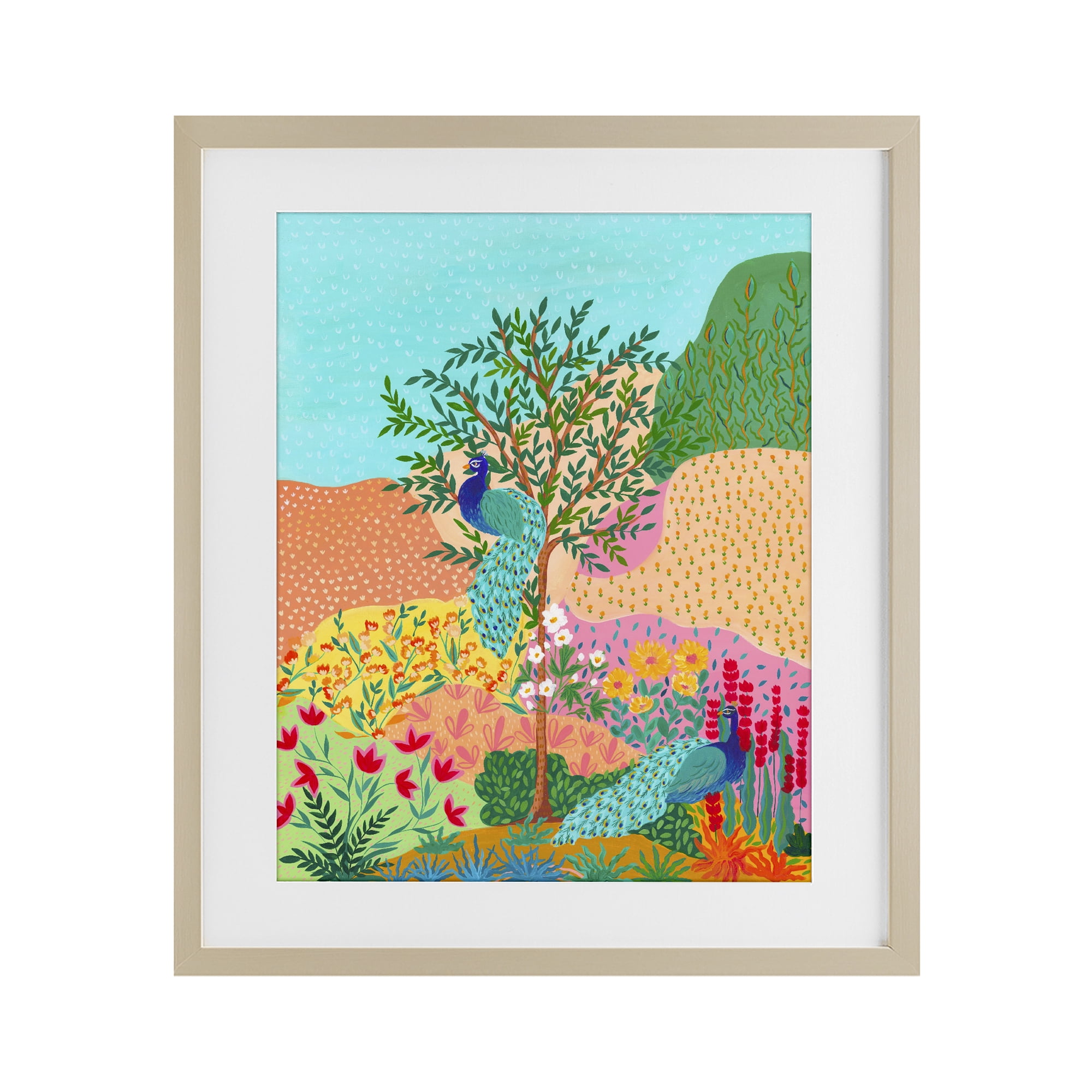 Stupell Industries Peacocks in Dotted Meadow Birch Framed Print Under Glass, design by Nabeela Rumi