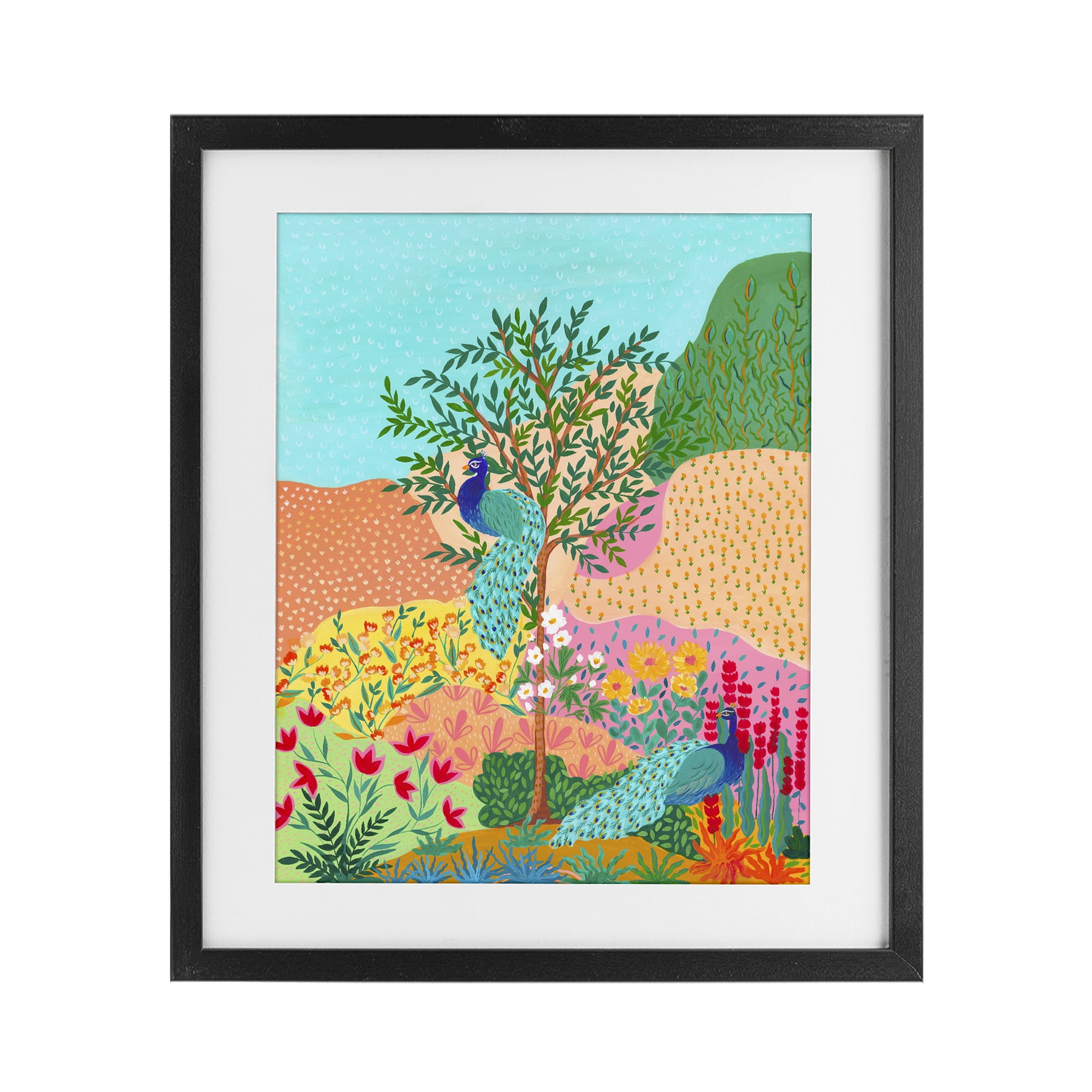 Stupell Industries Peacocks in Dotted Meadow Black Framed Print Under Glass, design by Nabeela Rumi
