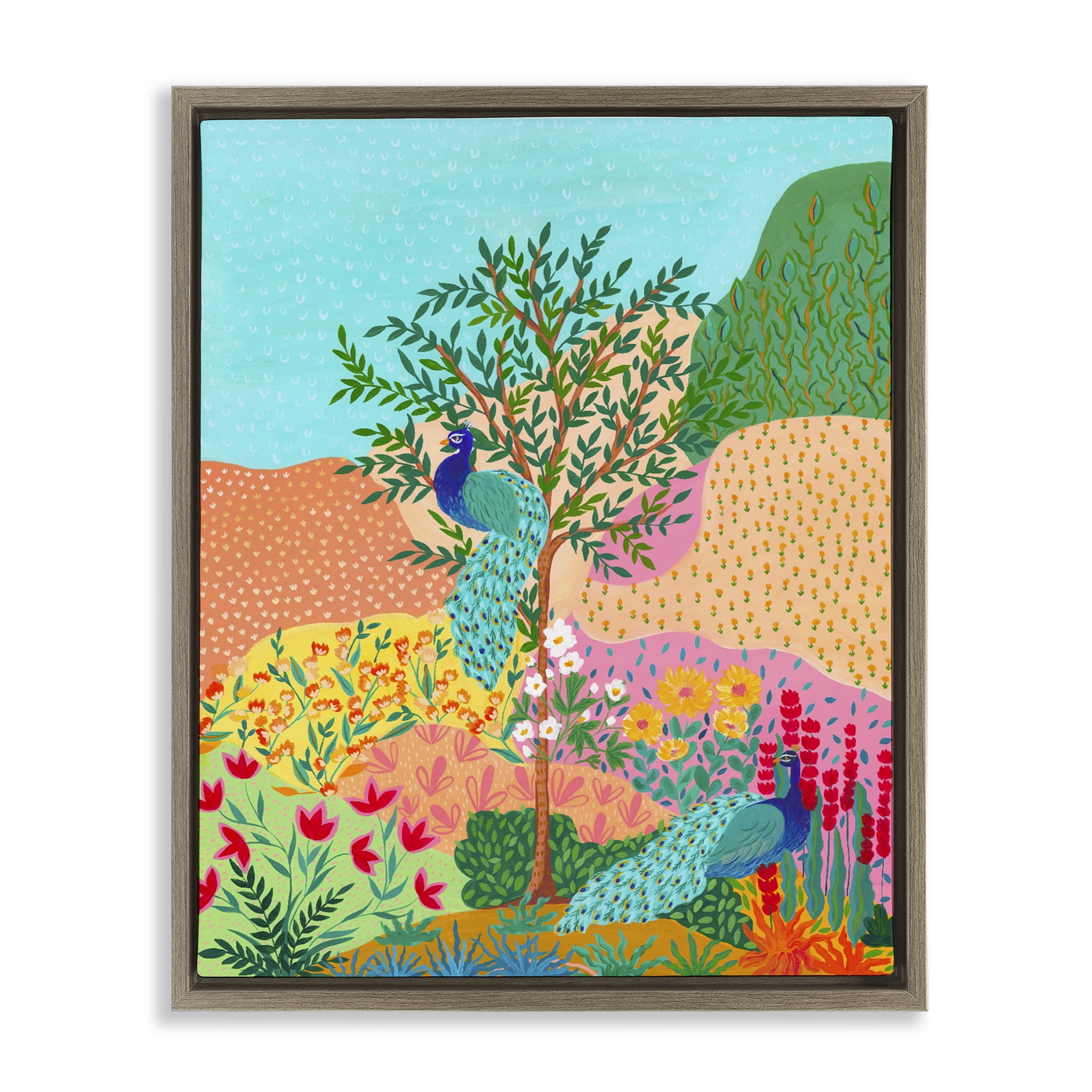 Stupell Industries Peacocks in Dotted Meadow Brown Framed Floater Canvas Wall Art, design by Nabeela Rumi