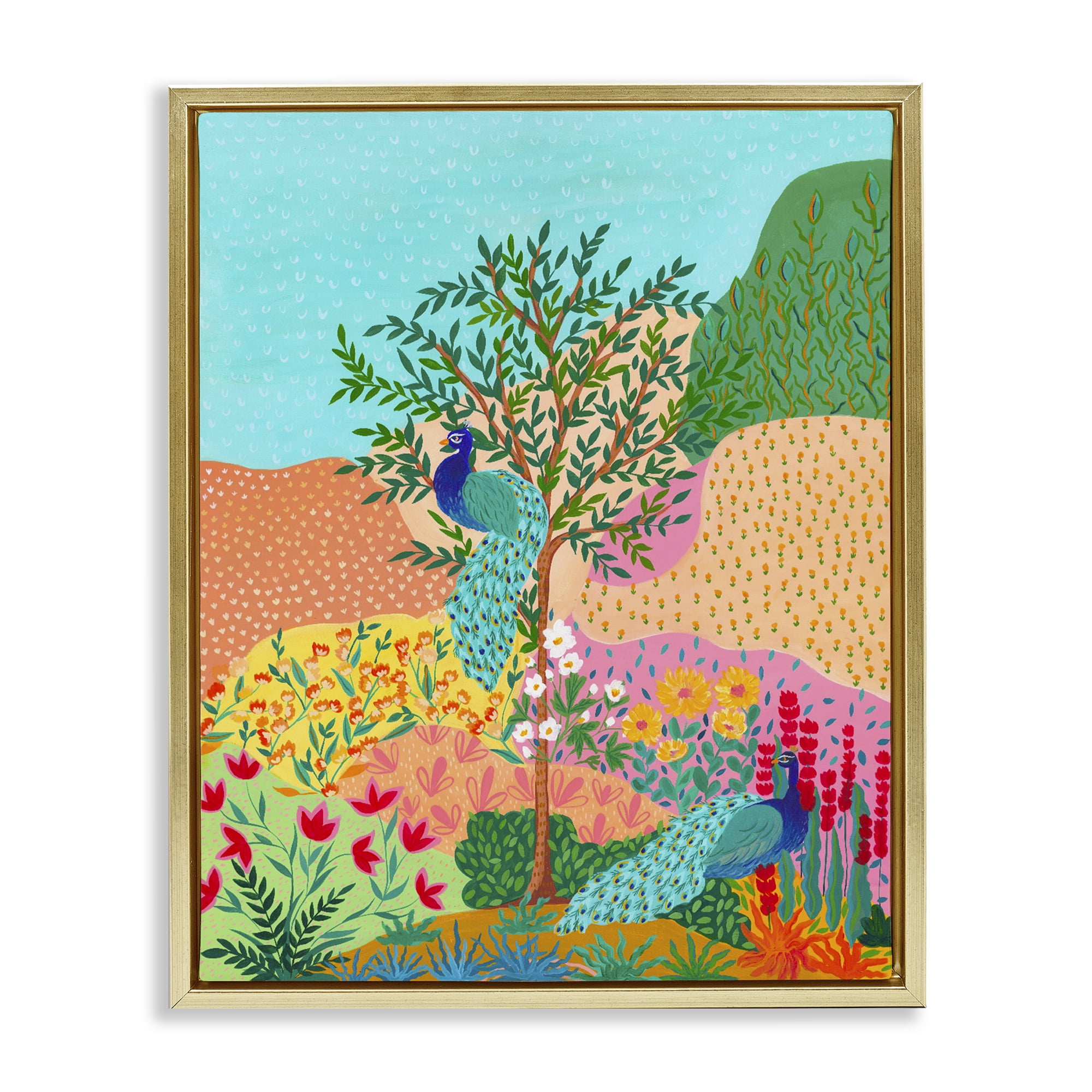 Stupell Industries Peacocks in Dotted Meadow Gold Framed Floater Canvas Wall Art, design by Nabeela Rumi
