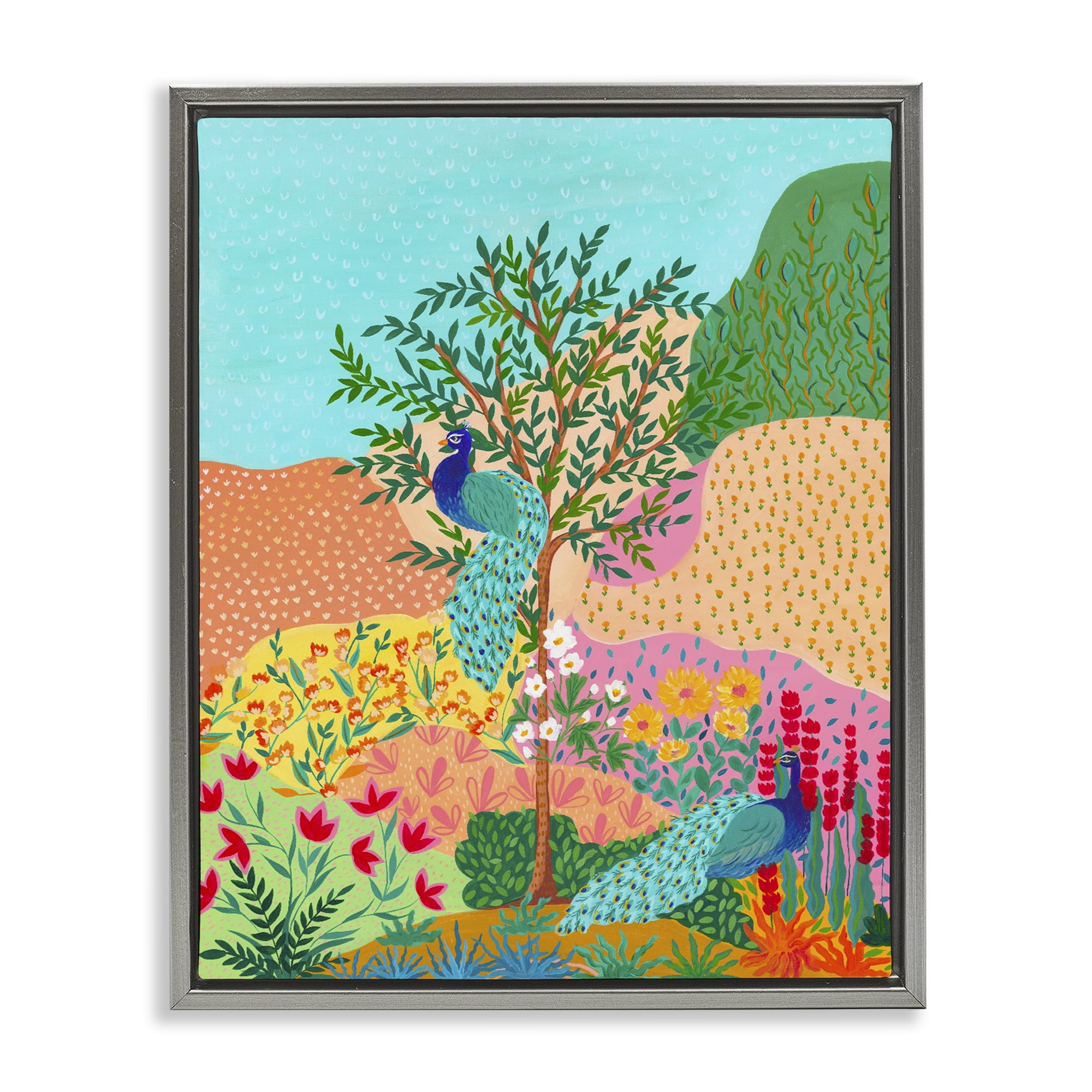 Stupell Industries Peacocks in Dotted Meadow Gray Framed Floater Canvas Wall Art, design by Nabeela Rumi