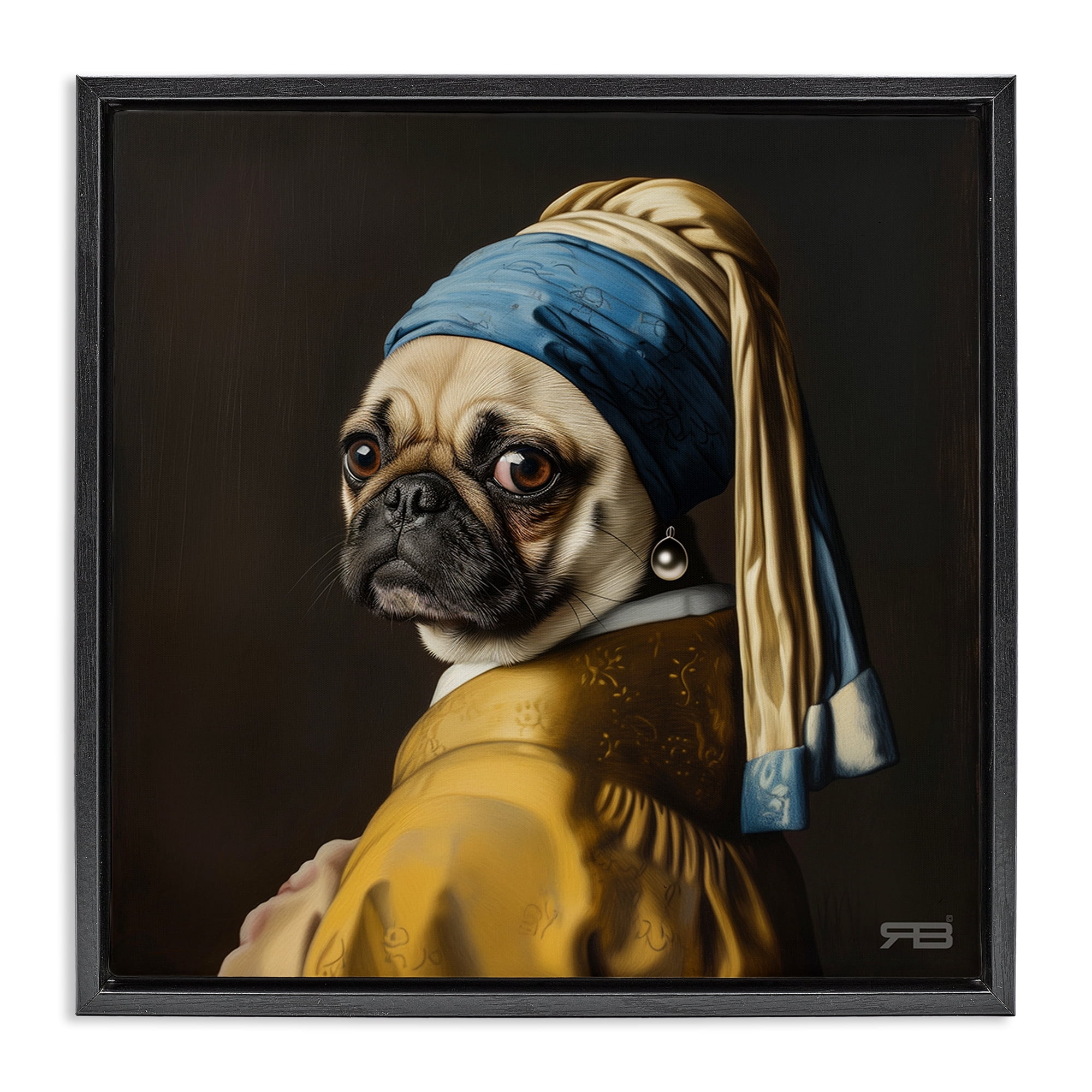 Stupell Industries Pearl Earring Classic Dog Animals & Insects Painting Black Floater Framed Canvas Art Print Wall Art, 18 x 18
