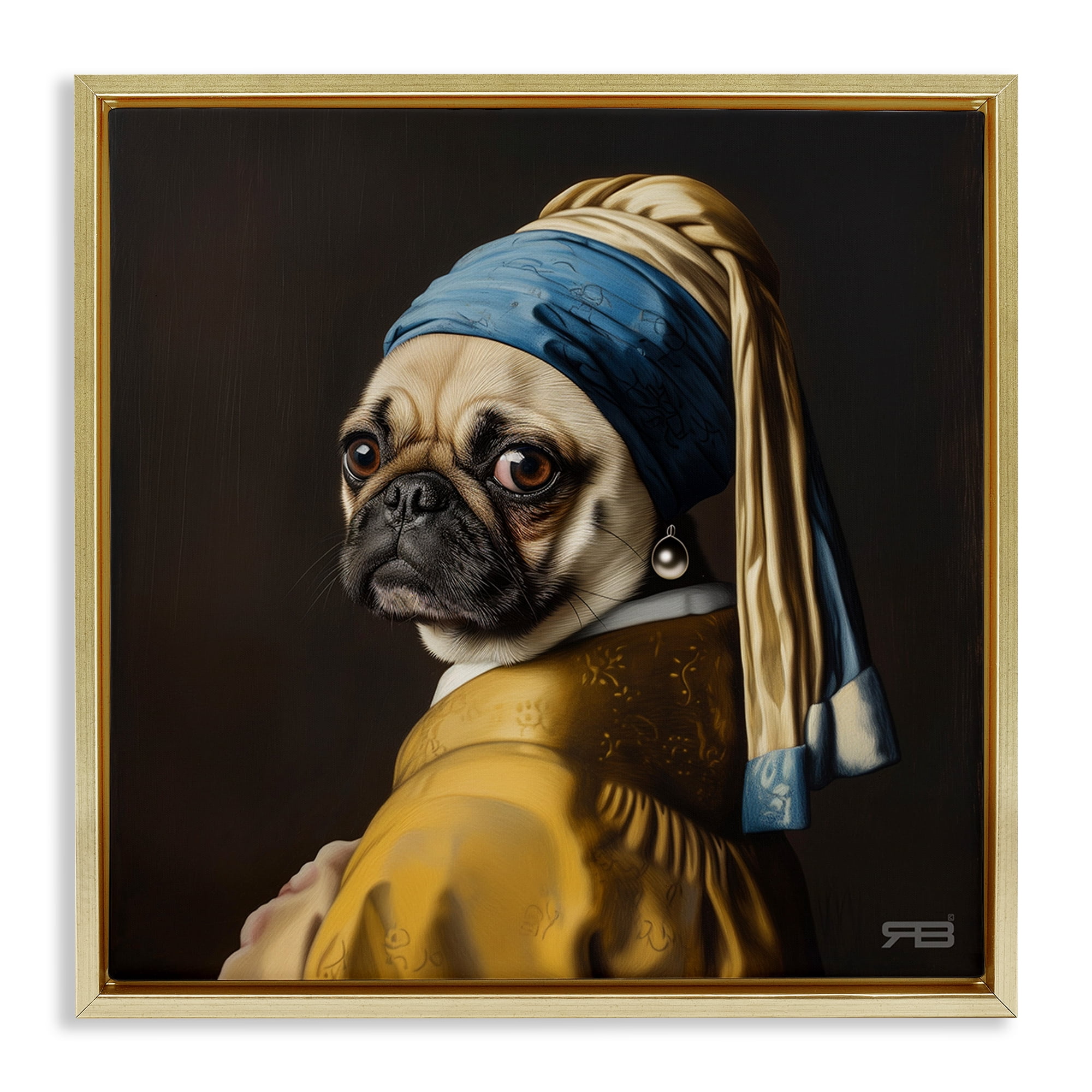 Stupell Industries Pearl Earring Classic Dog Animals & Insects Painting Gold Floater Framed Canvas Art Print Wall Art, 18 x 18