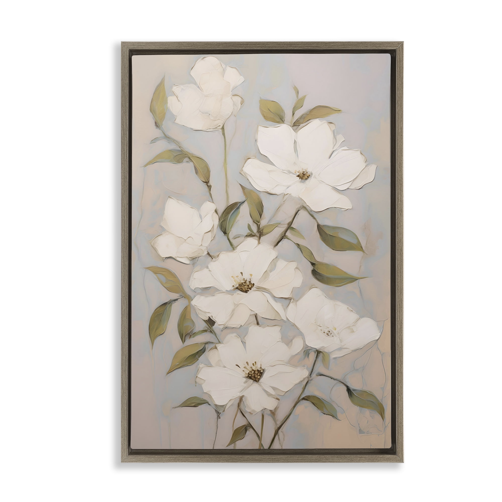 Stupell Industries Pearly White Flowers Botanical & Floral Painting Brown Floater Framed Art Print Wall Art, 21 x 31