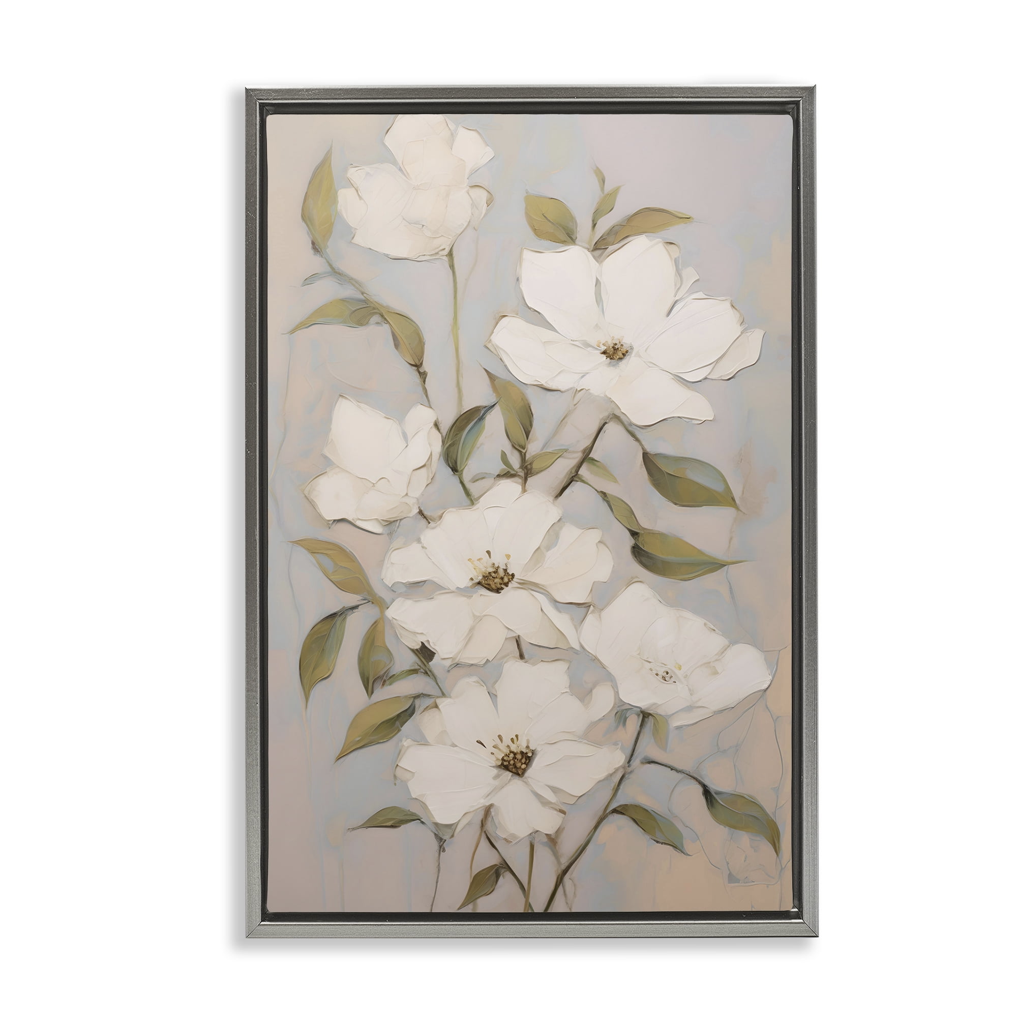 Stupell Industries Pearly White Flowers Botanical & Floral Painting Gray Floater Framed Art Print Wall Art, 17 x 25