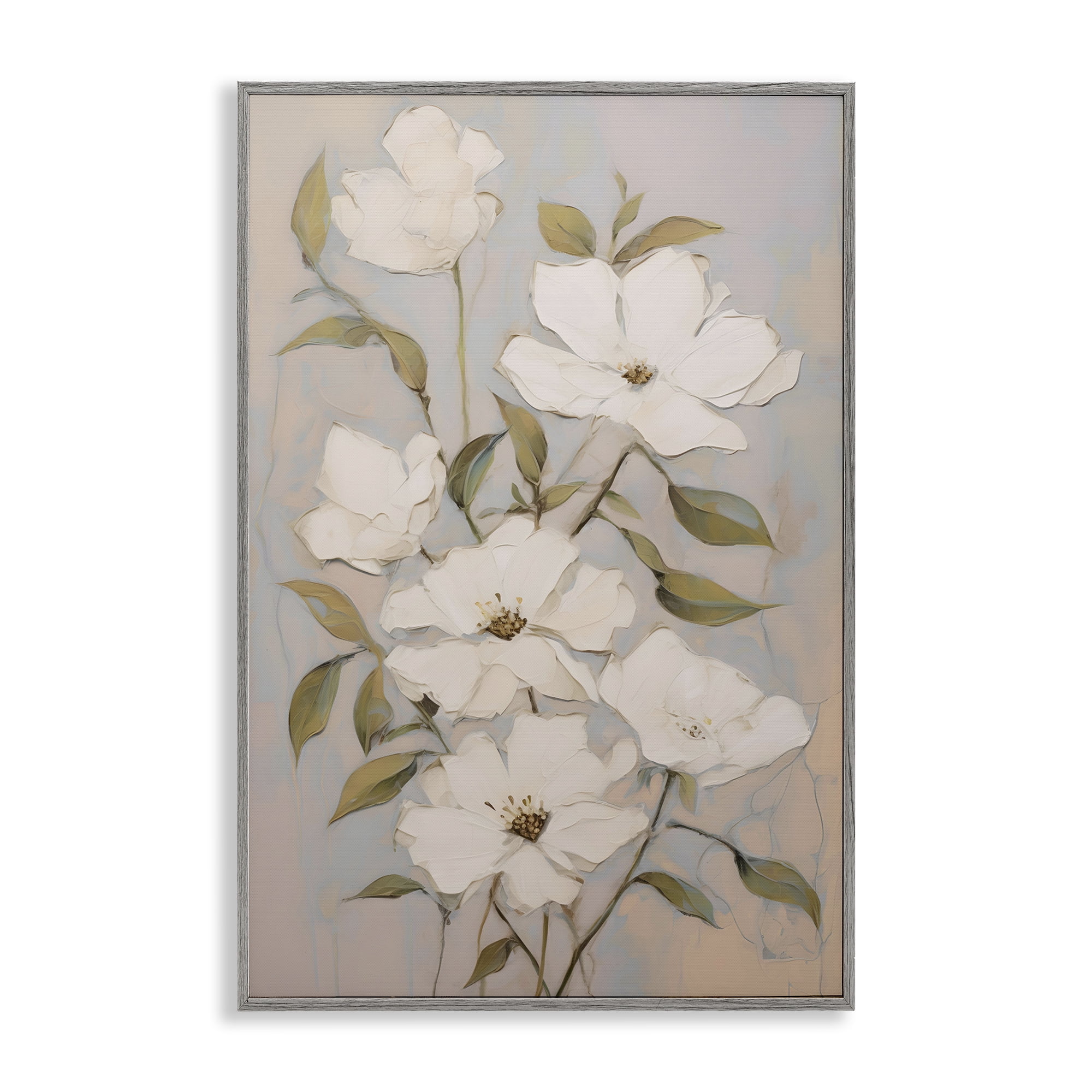 Stupell Industries Pearly White Flowers Botanical & Floral Painting Gray Framed Art Print Wall Art, 12 x 18