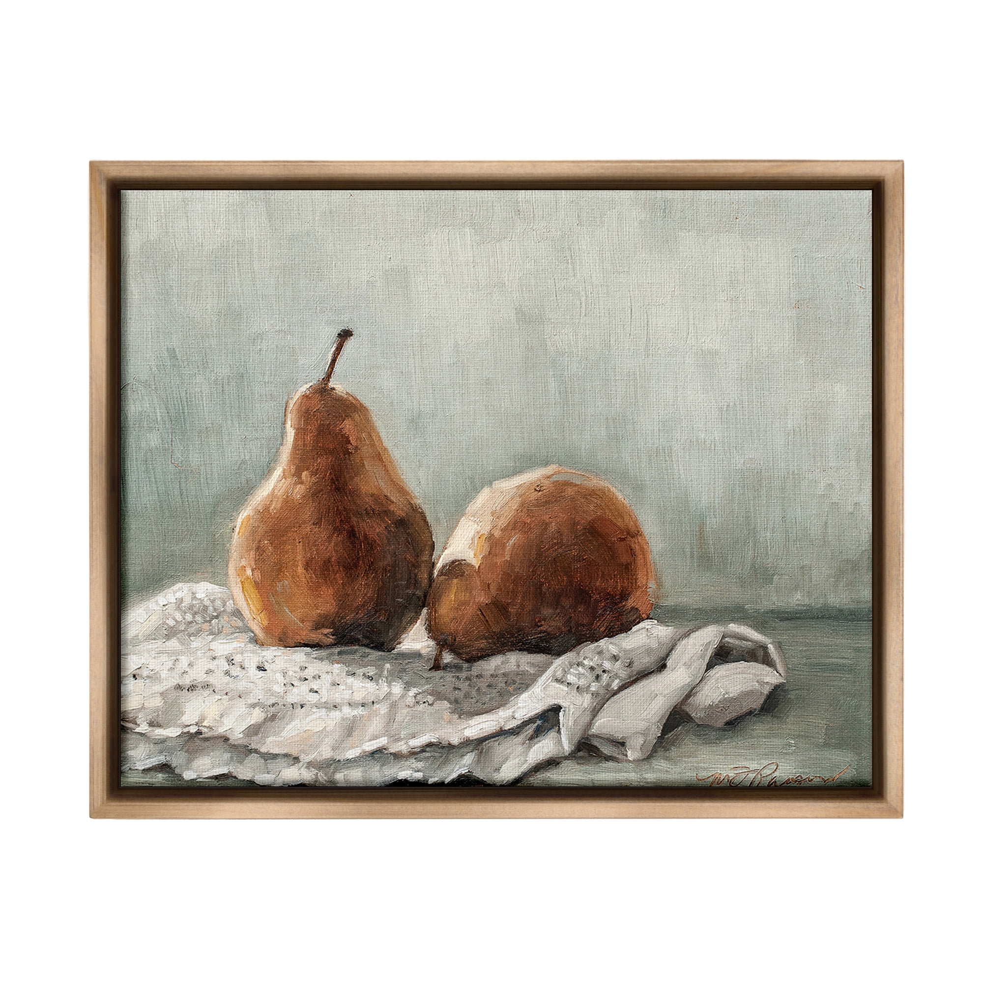 Stupell Industries Pears on Blanket Painting Food & Beverage Painting Brown Floater Framed Canvas Art Print Wall Art, 21 x 17