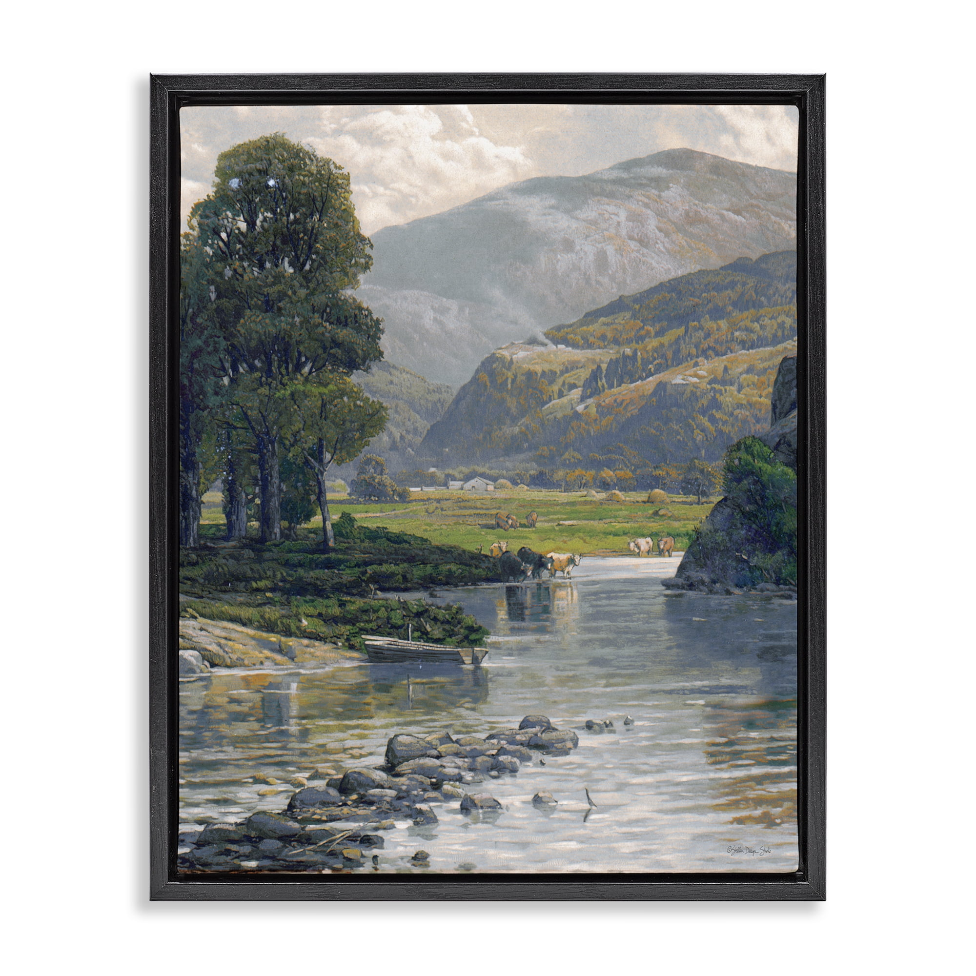 Stupell Industries Pebbled Creek Terrain Landscape & Nature Painting Black Floater Framed Canvas Art Print Wall Art, 25 x 31