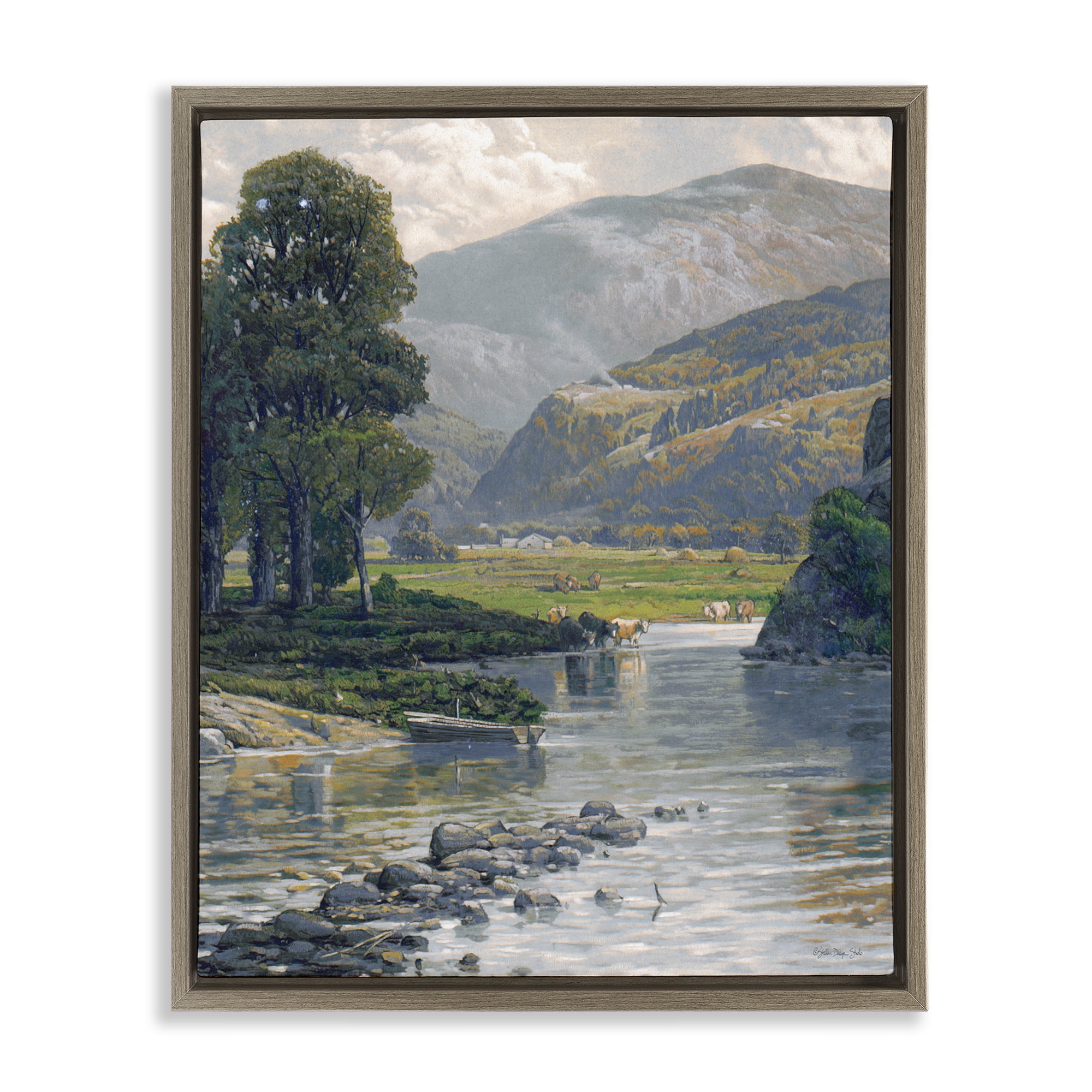 Stupell Industries Pebbled Creek Terrain Landscape & Nature Painting Brown Floater Framed Canvas Art Print Wall Art, 17 x 21