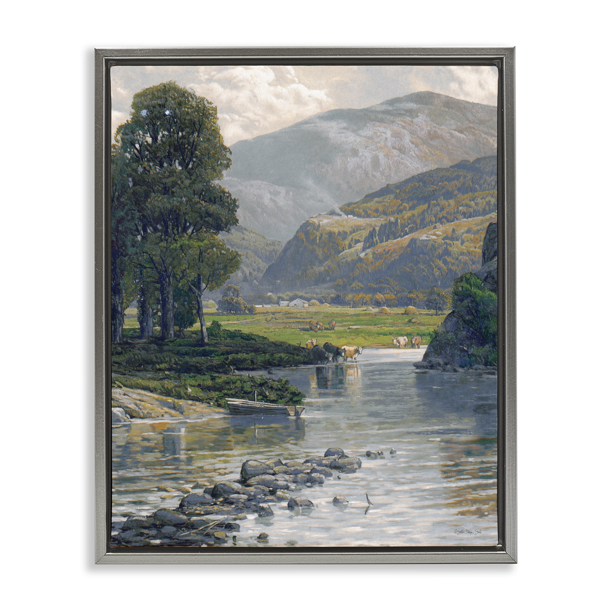 Stupell Industries Pebbled Creek Terrain Landscape & Nature Painting Gray Floater Framed Canvas Art Print Wall Art, 25 x 31